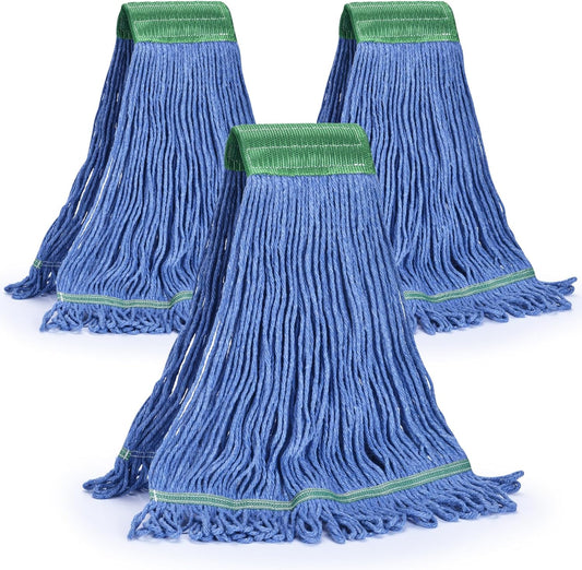Matthew Cleaning Commercial Mop Head Replacement, 5 Inch Wide Headband, Looped End Cotton Blend String Wet Mops for Floor Cleaning, 28 oz Extra Large, 3-Pack Blue