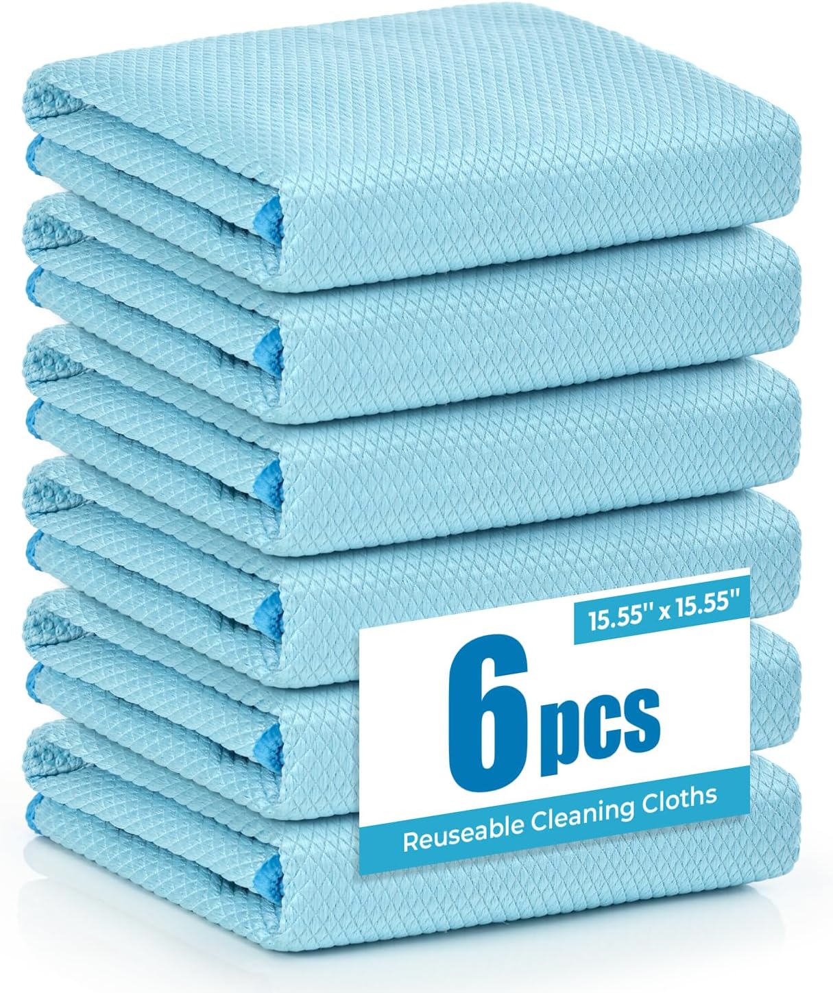 Nanoscale Microfiber Cloths 15.55”x 15.55”, Glass Window Mirror Stainless Steel Car Cleaning, Streak-Free, Lint-Free, Super Thick & Absorbent, Reusable, 6 Pack (Blue)