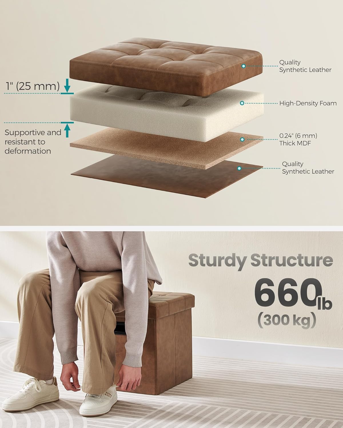 SONGMICS Mazie Collection - 15 Inches Ottoman with Storage, Footstool, Storage Ottoman with Metal Handles, Load 660 lb, for Dorm, Living Room, Bedroom, Synthetic Leather, Coffee Brown ULSF030K01