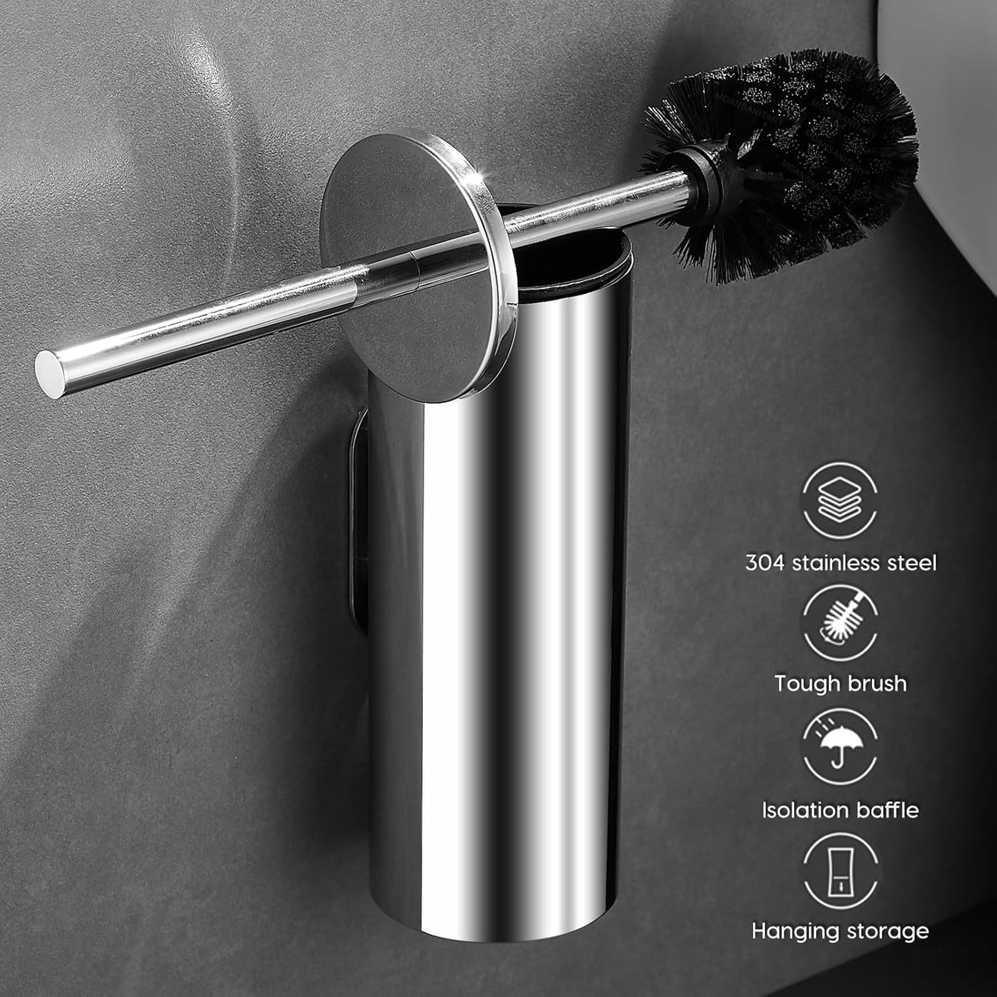 Toilet Brush and Brush Holder, Stainless Steel No-Punch Hook Base Dual Purpose Toilet Brush Holder with Removable Inner Bucket and Splash Cover - Soft Bristles (Chrome)