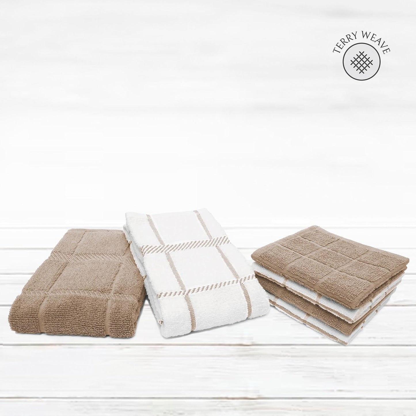 100% Cotton Terry Dish Cloth & Dish Towel, 6 Pack, Super Soft and Absorbent Kitchen Towels, Perfect for Kitchen Cleaning and Dish Washing (TAN (DT and DC Combo))