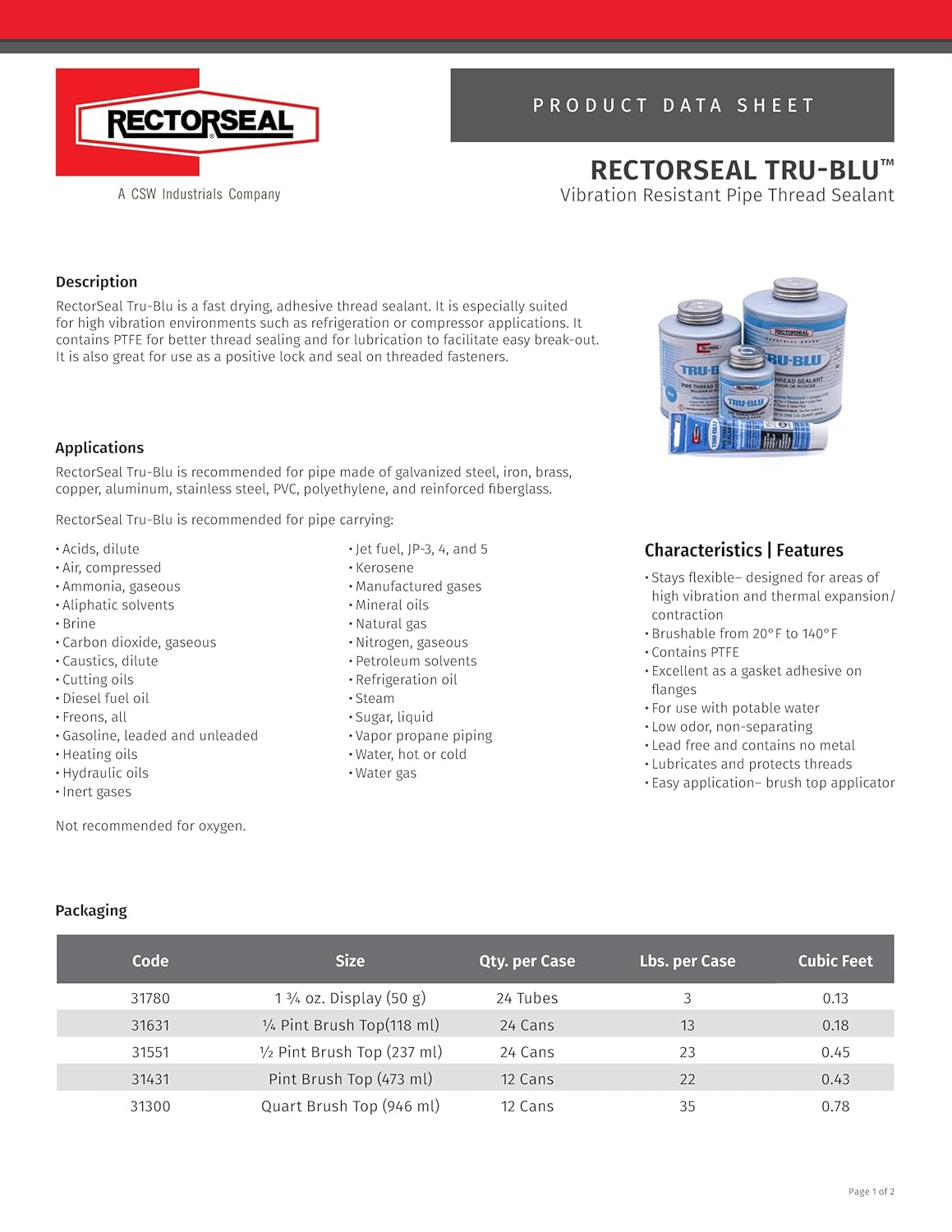 Rectorseal 31631 1/4 Pint Brush Top Tru-Blu Pipe Thread Sealant , Blue