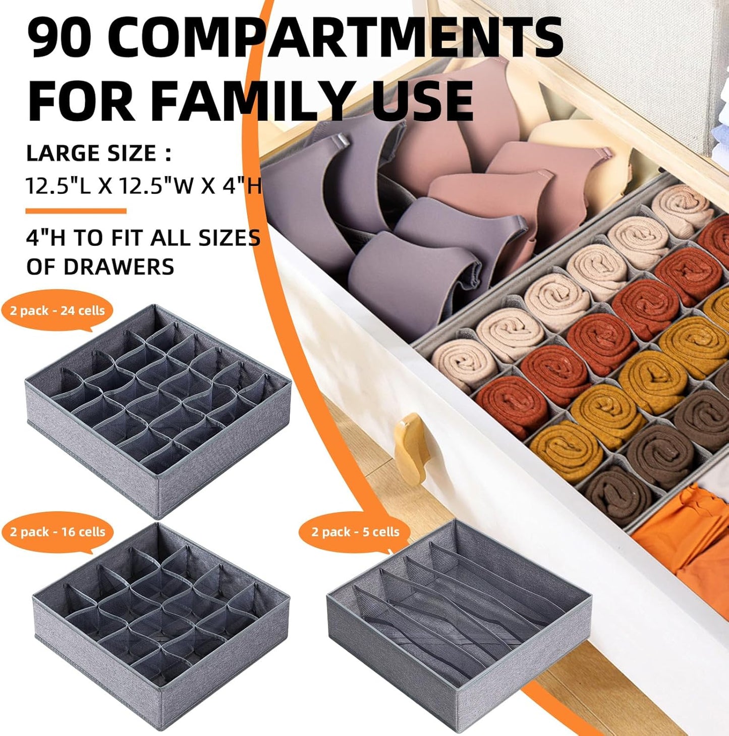 Criusia 6 Pack Large Drawer Organizer for Sock Underwear - Washable Heavy Duty Fabric Closet Organizers and Storage Bins - 90 Cells Dresser Organizer Divider for Baby Clothes, Ties, Belt (Grey)