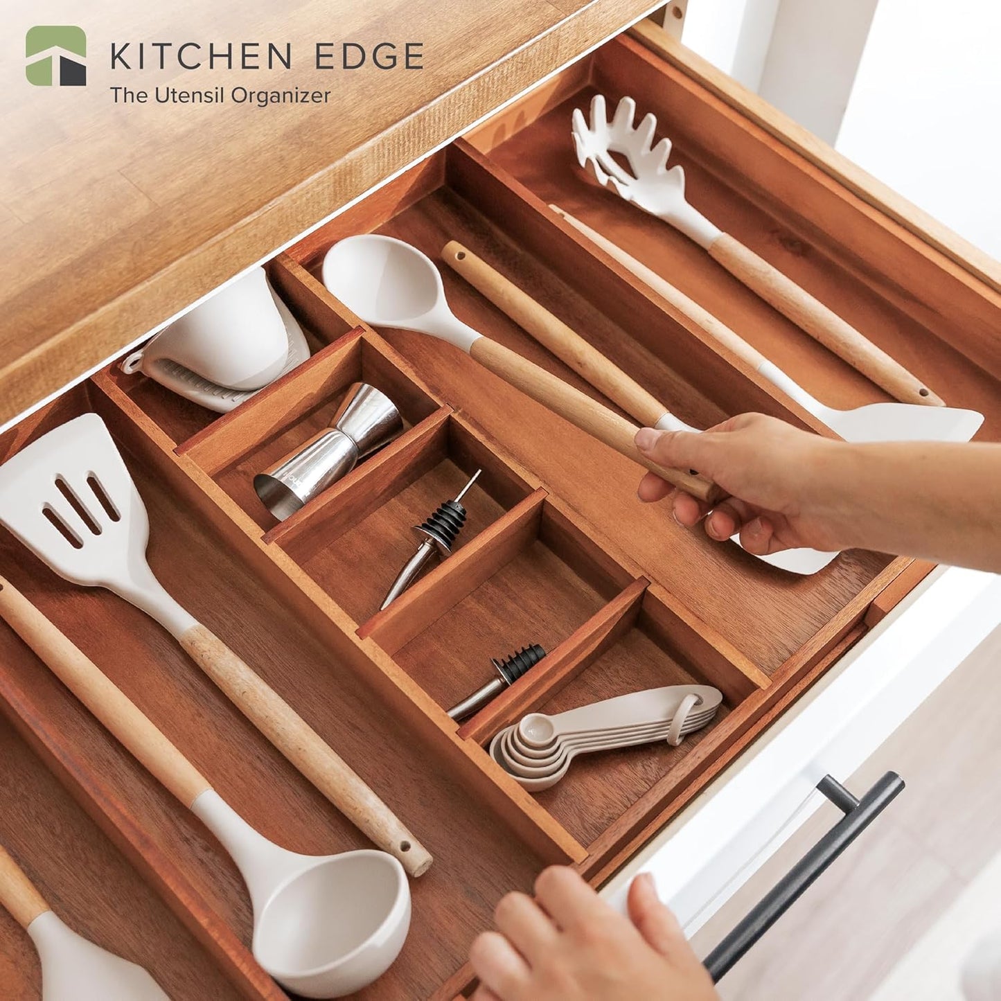 KitchenEdge Adjustable Kitchen Drawer Organizer for Utensils and Junk, Food-Safe Contract Grade with 100% Sustainable Wood, Non-Slip, Expandable from 18.5 to 33 Inches Wide - Natural Acacia