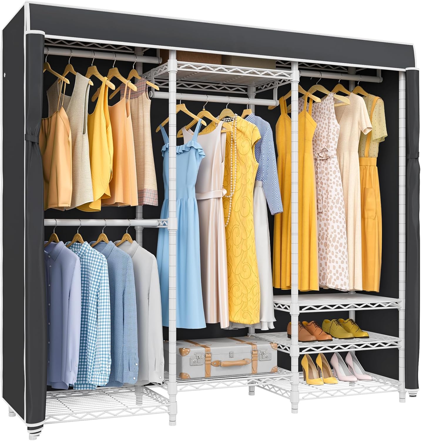 VIPEK V5C Covered Clothes Rack Heavy Duty Portable Closet Wardrobe, Freestanding White Metal Clothing Rack with Black Dustproof Cover, Adjustable Custom Closet Rack, 57.9"L x 17.3"W x 76.4"H (Medium)