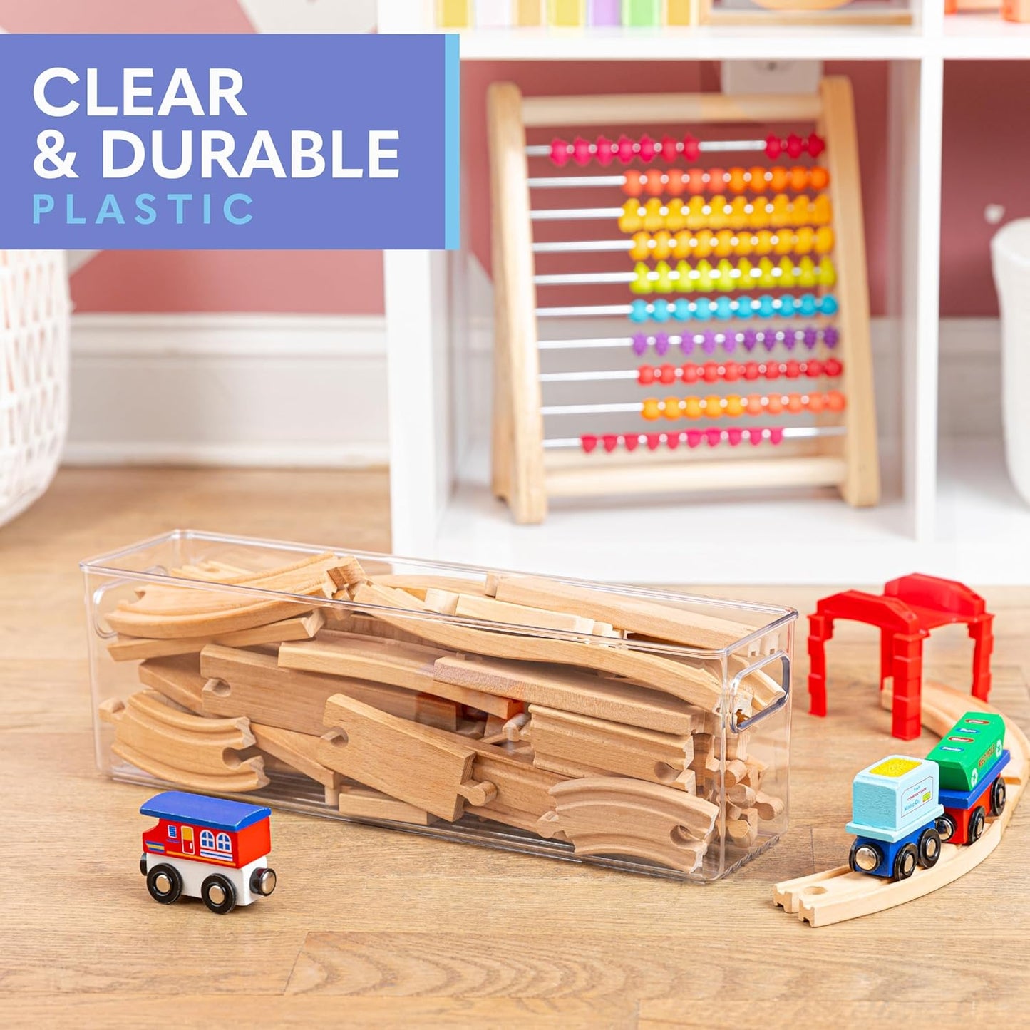 Plastic Food Storage 4 Pack Clear Container Bin with Handles for Organizing Kitchen, Pantry, Refrigerator, Freezer, Pantry, Cabinet, Closet, Bathroom. 14”x4”x5”