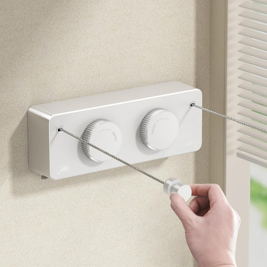 Retractable Twin Clothesline Indoor, Non-Sagging Outdoor Clothes Line Retracting Heavy Duty Clothes Drying Laundry Line Wall Mounted Stainless Steel Line-13.8Feets(Double Line-White)