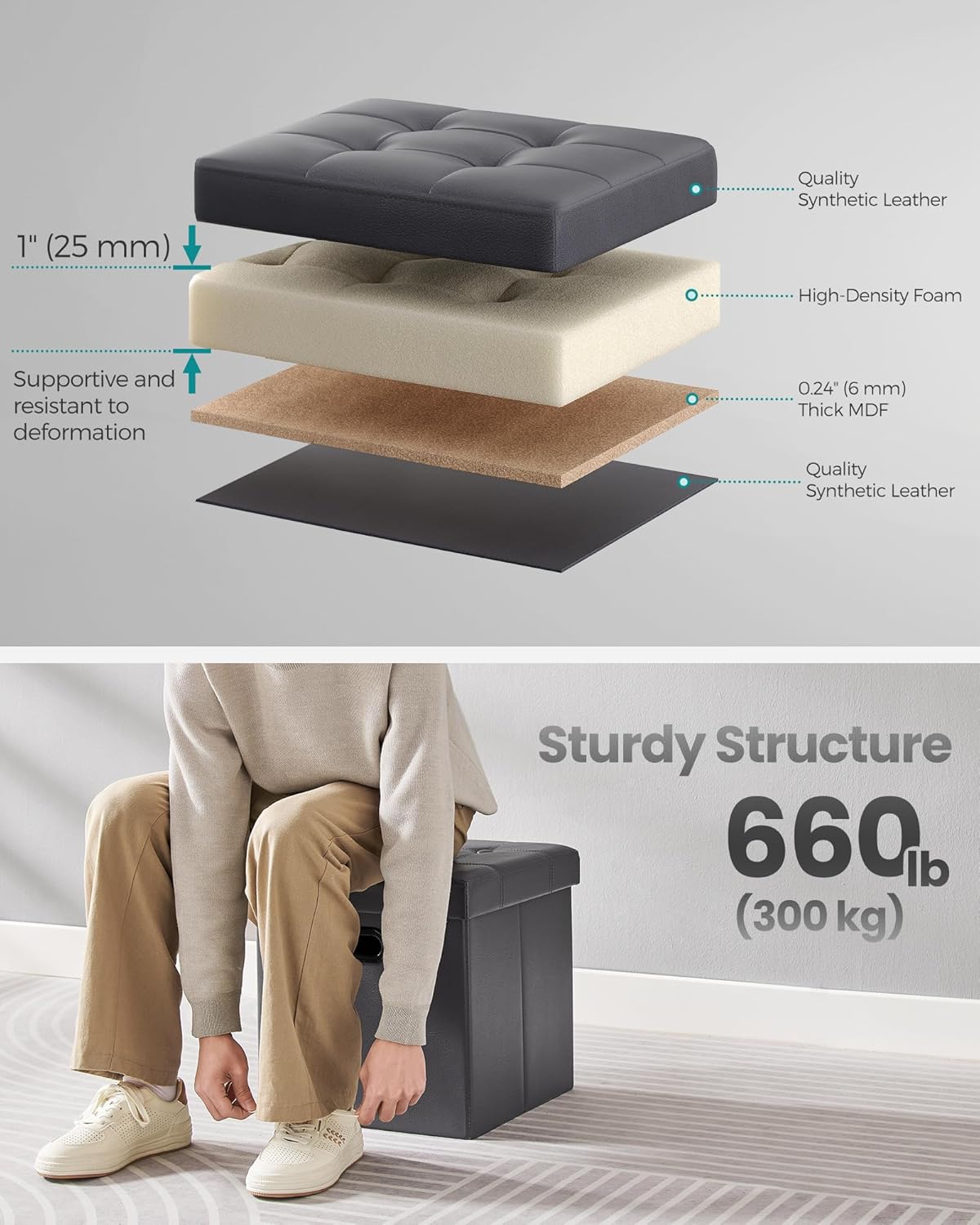 SONGMICS Mazie Collection - 15 Inches Ottoman with Storage, Footstool, Storage Ottoman with Metal Grommet Handles, Load 660 lb, for Dorm, Living Room, Bedroom, Synthetic Leather, Dark Gray ULSF030G01