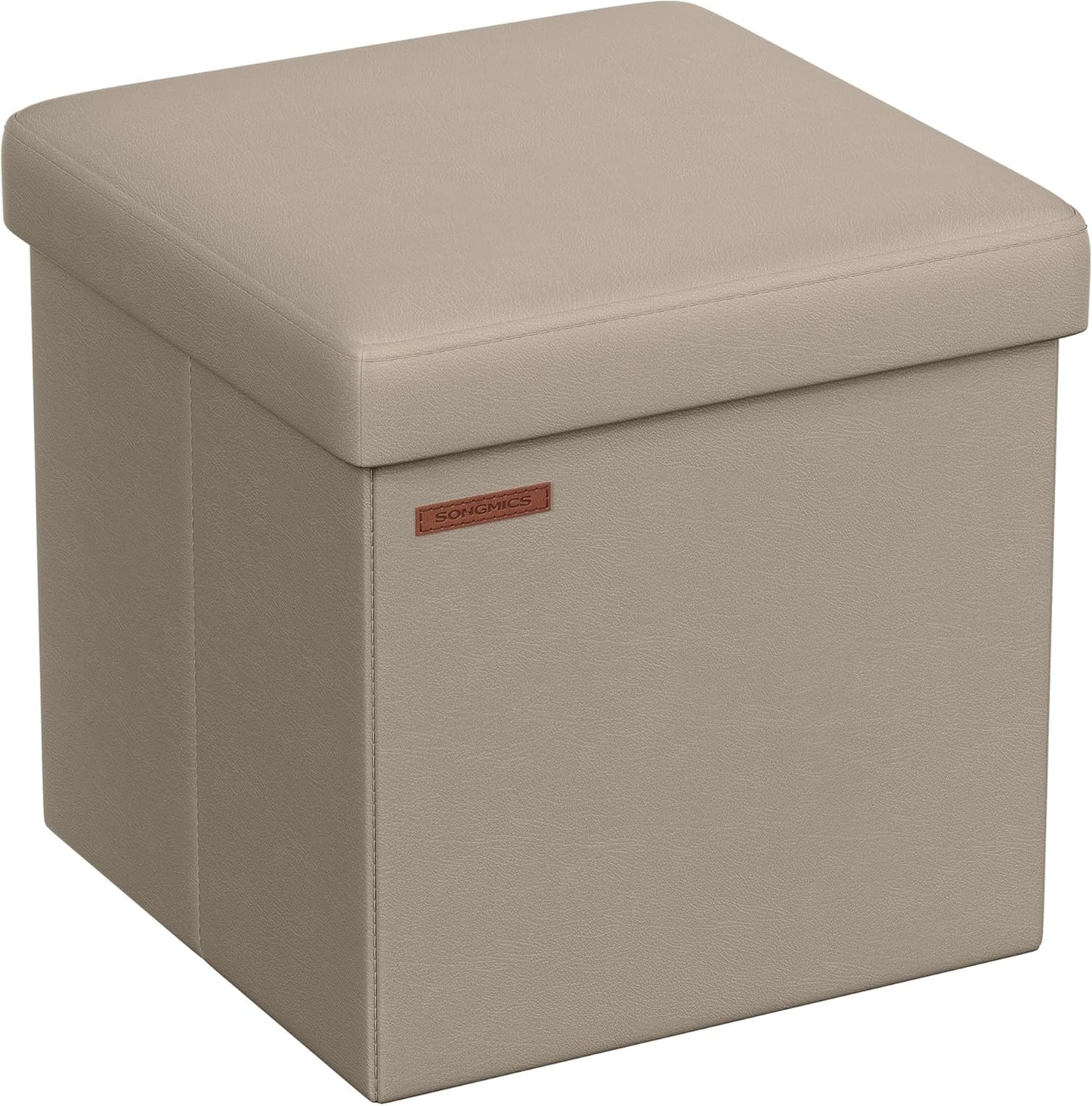 SONGMICS Mazie Collection - 15 Inches Ottoman with Storage, Footstool, Storage Ottoman, Load 660 lb, for Dorm, Living Room, Bedroom, Synthetic Leather, Camel Brown ULSF010K03