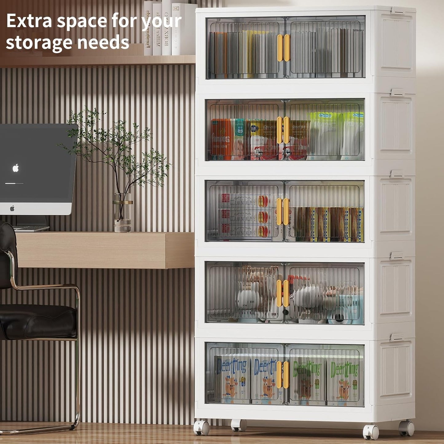 100Gal Stackable Plastic Storage Bins with Lids, Collapsible Closet Organizers and Storage with Wheels for Living Room,Office,Dorm 26.8" W x 14.4" D x 60" H, 5 Tier