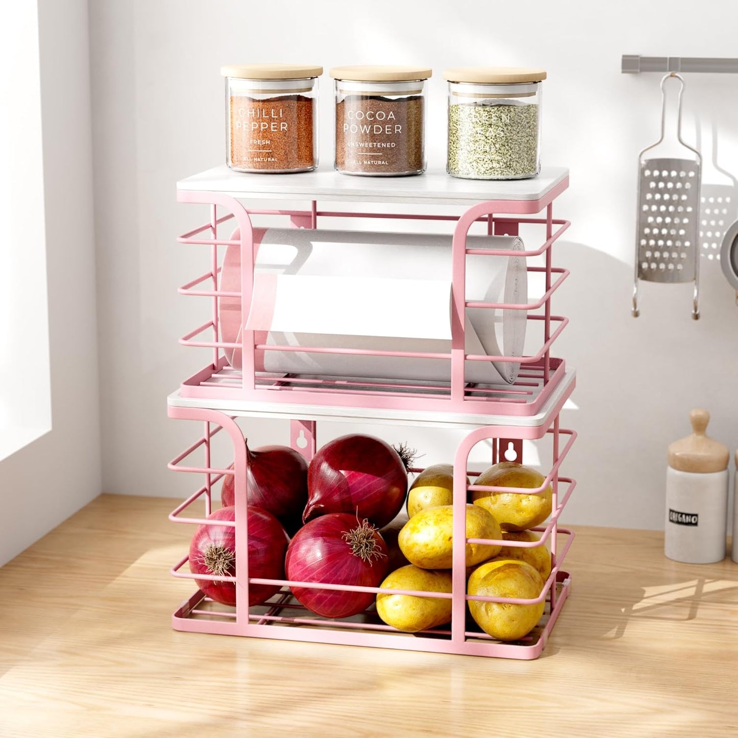 2 Pack Extra Large Stackable Pantry Storage with Bamboo Top,Wall Mount Trash Bag Dispenser Roll Holder for Kitchen Pantry Laundry Room,Pink