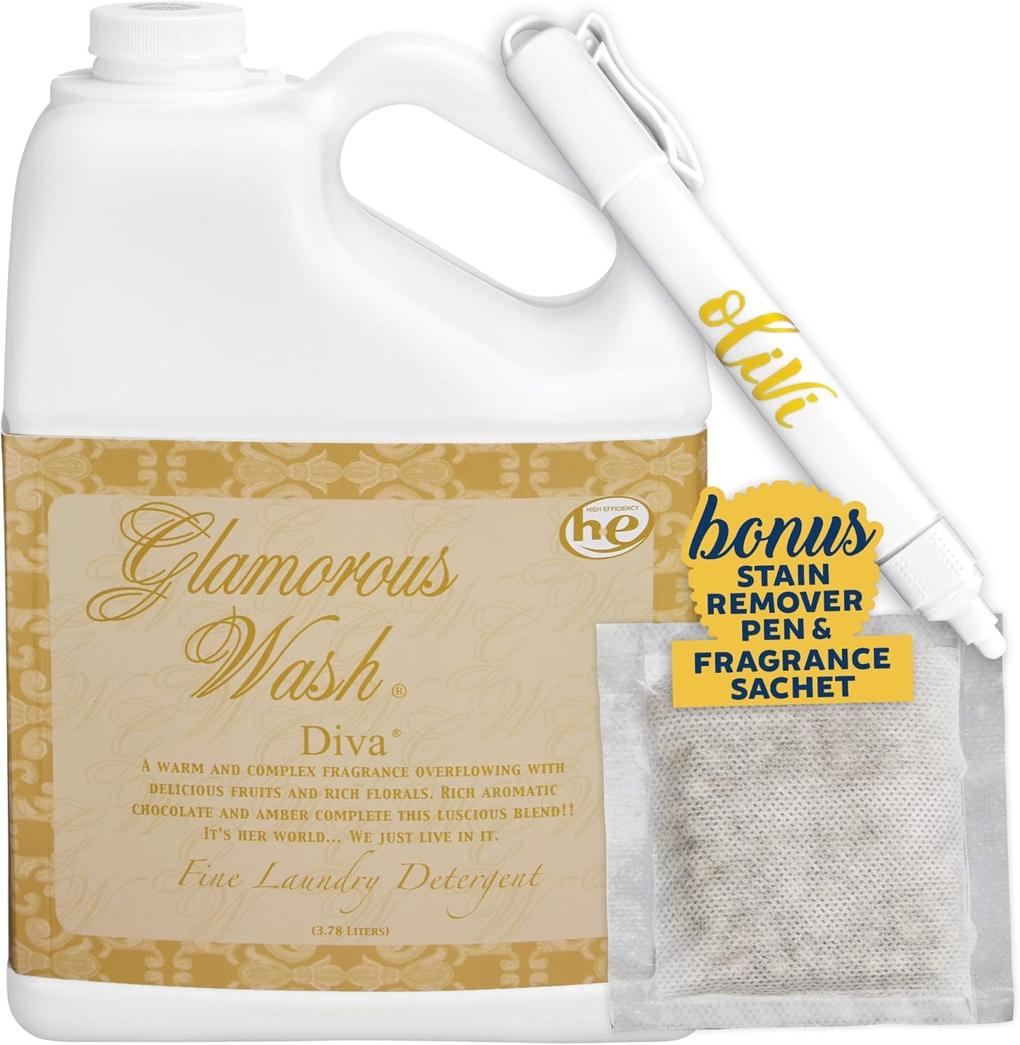 Tyler DIVA Glamorous Wash Laundry Detergent - 1 Gallon - With Olivi Stain Remover Pen - Fresh Scented Sachet - Laundry Detergent For Washing