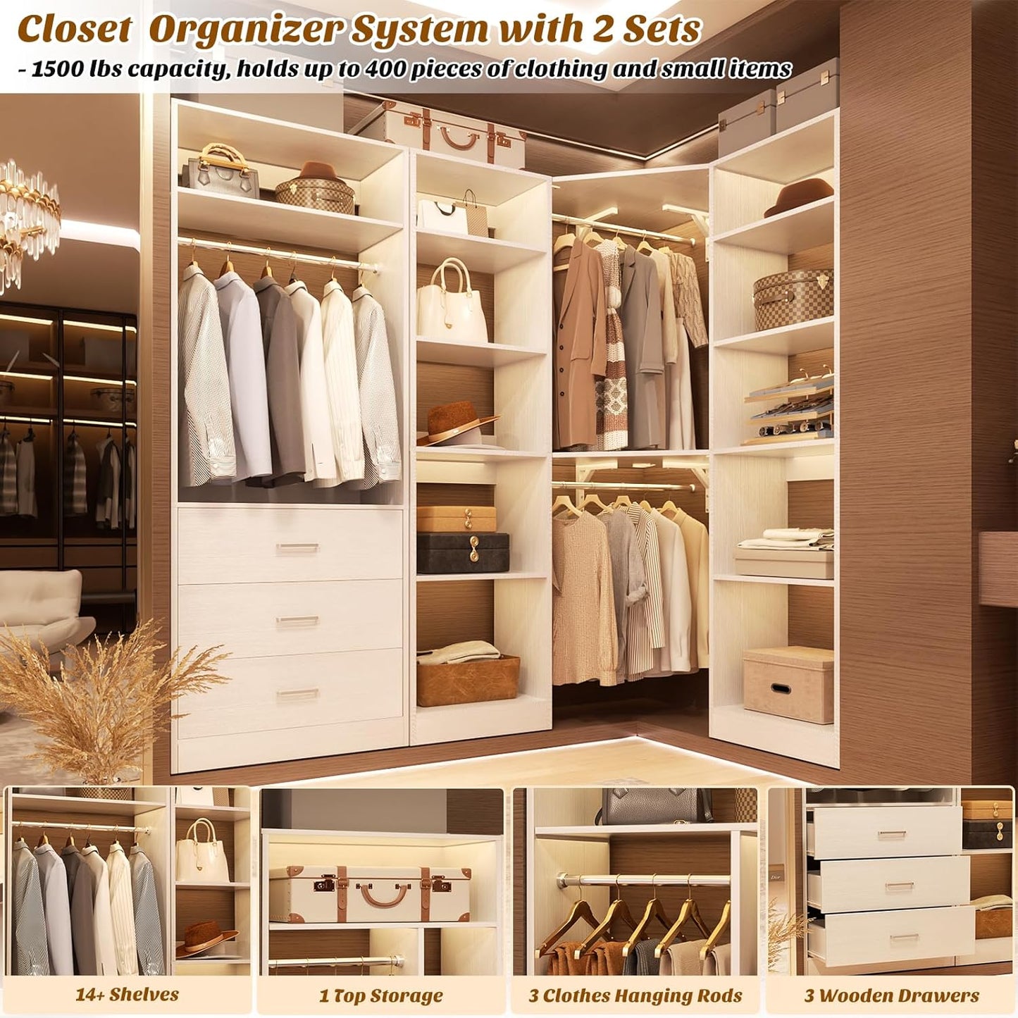 Corner Closet System with 3 Drawers, Corner Closet Organizer System with 13 Shelves & 3 Hanging Rods, 63.2"L * 39.2"W Reversible L Shaped Walk-in Closets, Load 2000+LBS, White