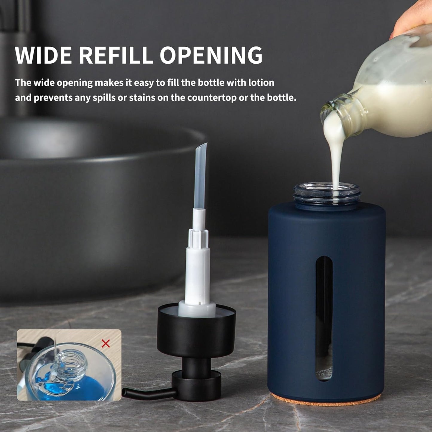 Enra Glass Hand Soap Dispenser,12oz Navy Blue Liquid Bathroom Soap Dispenser with Stainless Steel Lotion Pump for Bathroom Kitchen (Blue)