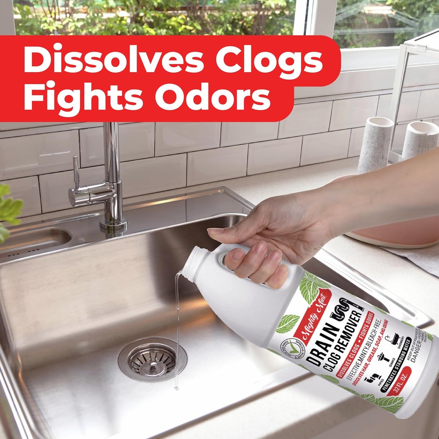 Mighty Mint Drain Clog Remover, Safe for Pipes and Septic, Dissolves Hair & Grease, Clears Blocked Drains and Deodorizes, Natural Mint Scent, 32oz