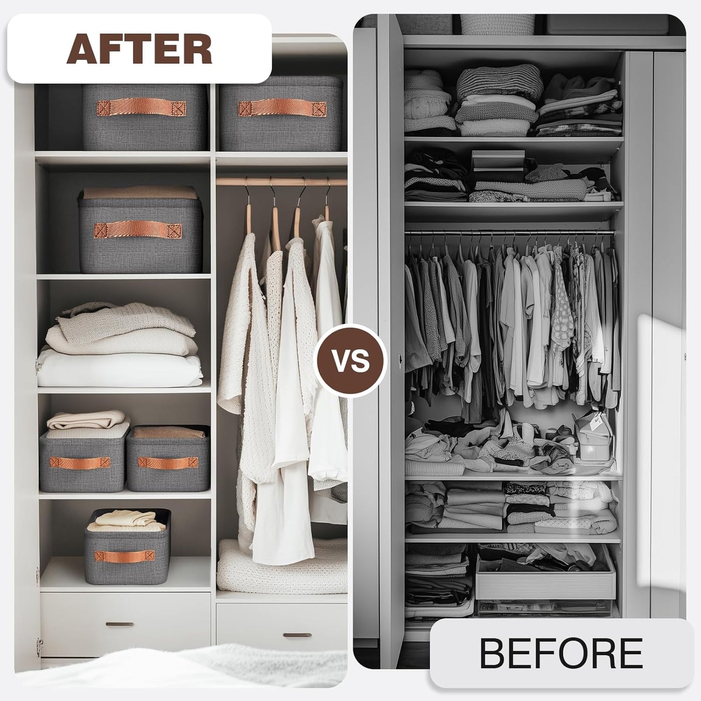 Large Storage Baskets for Shelves 3 Packs, Fabric Storage Bins for Shelves with Handles, 11.8'' L ×7.8'' W × 5.1'' H Collapsible Baskets for Organizing Clothes, Toy, Grey