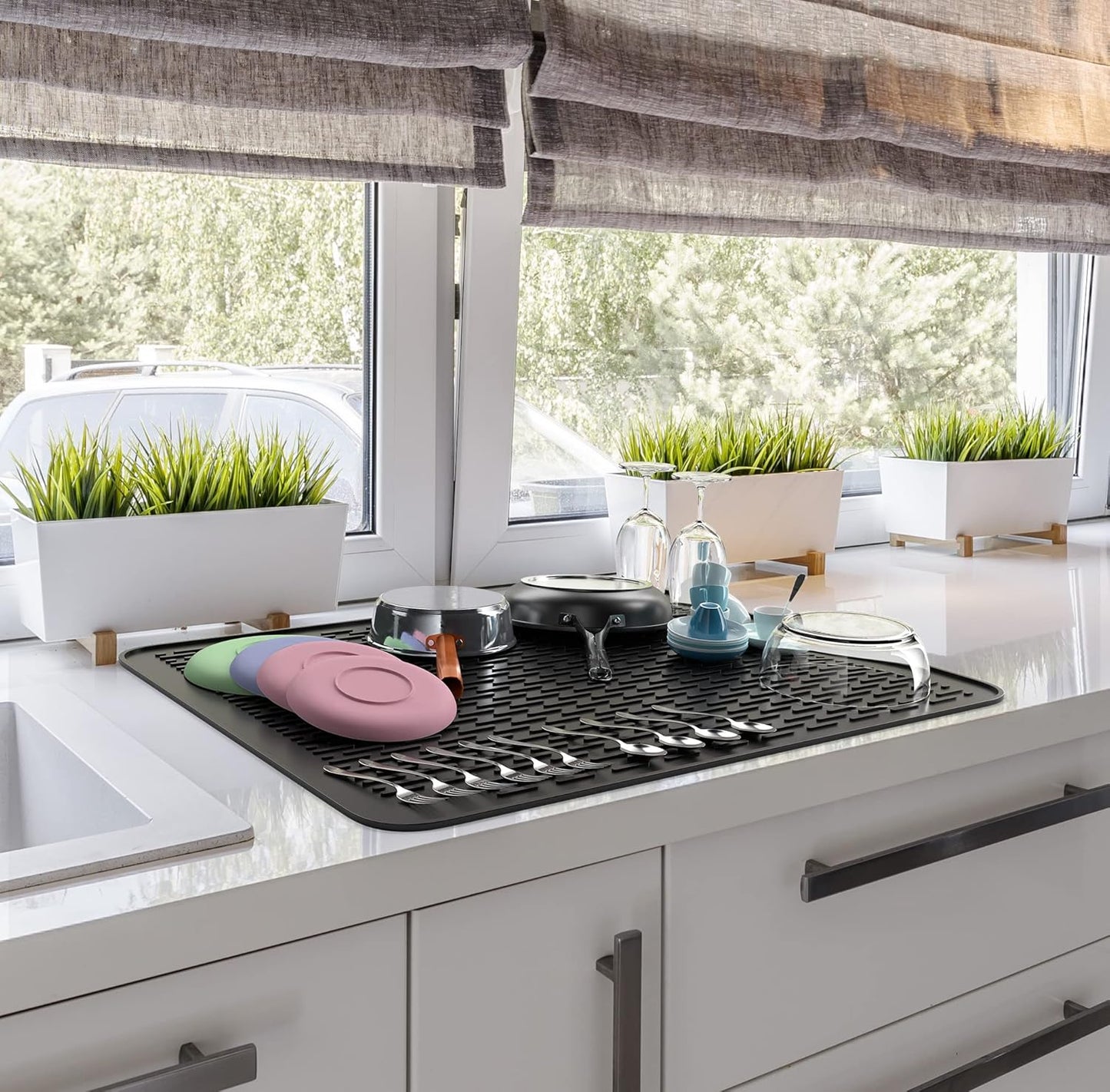 Extra Large (30 inch by 24 inch) heavy duty silicone dish drying mat for kitchen counters by MonsterMat (Black, XL - 30"x24")