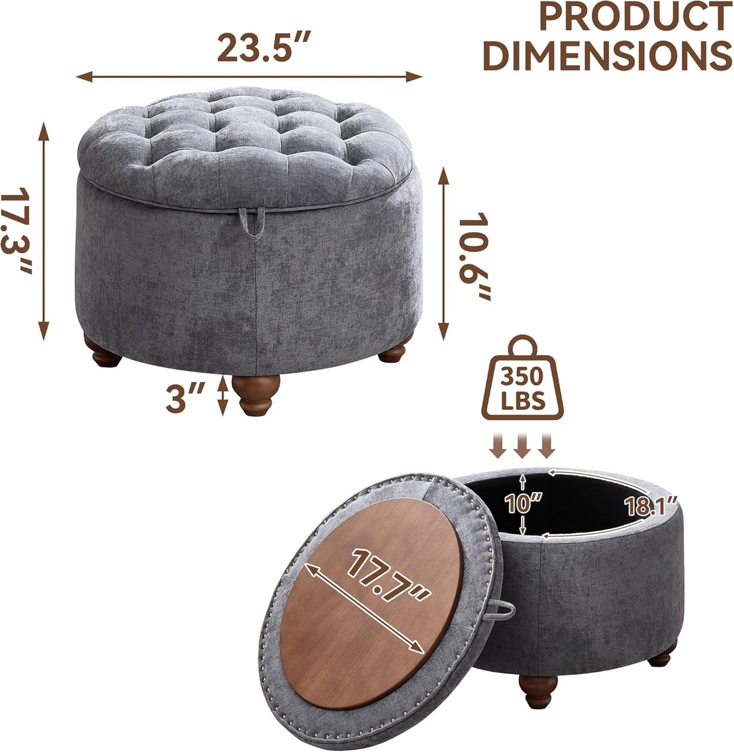 24Inch Round Storage Ottoman with Tray, Modern Tufted Circle Coffee Table with Storage, Upholstered Ottoman with Removable Top for Living Room, Bedroom, Chenille Blue