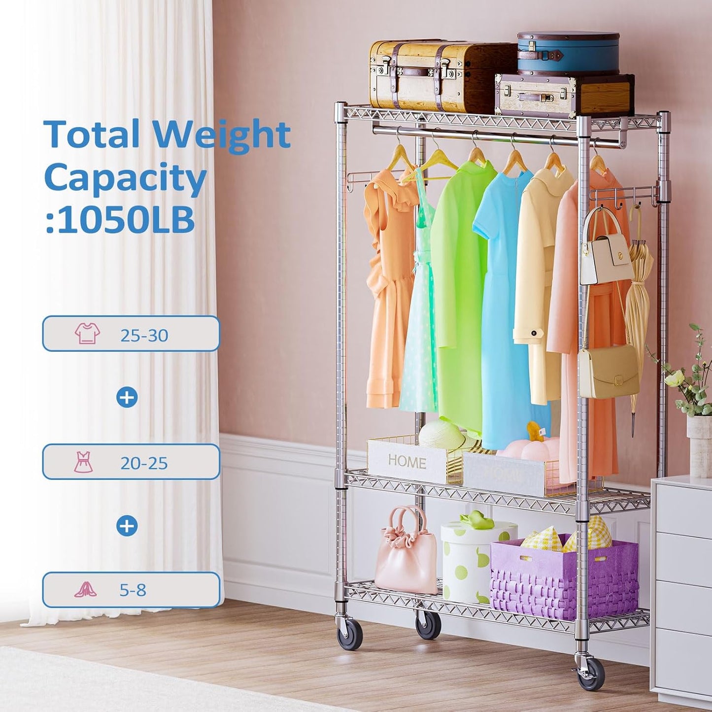 IZEUK 3 Tier Heavy Duty Rolling Garment Rack Wire Clothes Rack for Hanging Clothes, Metal Freestanding Closet Wardrobe Rack with 1 Rods and Wheels Chrome 15.7" D x 45.3" W x 75.6" H