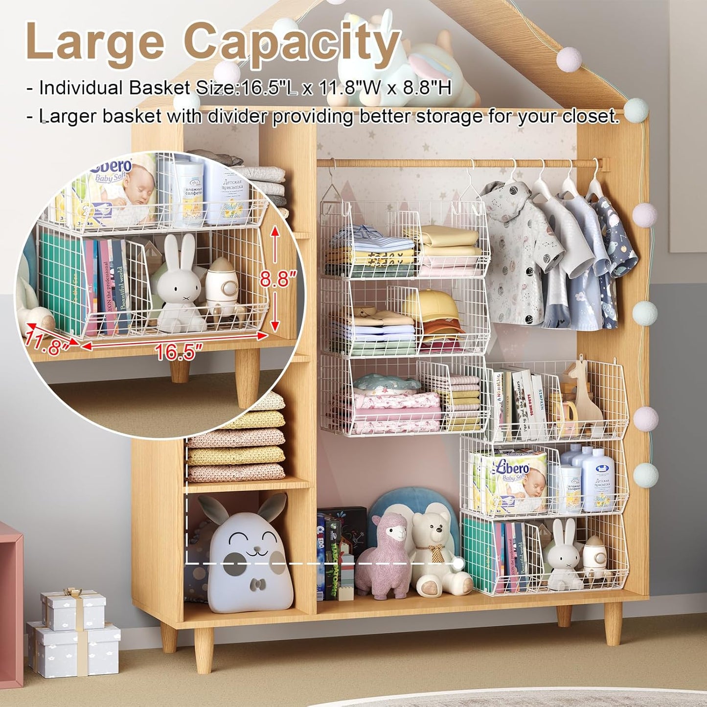 3 Tier Extra Large Closet Hanging Shelves with Divider, 16.5"L x 11.8"W x 33.6"H Closets Organizers and Storage with 5 S Hooks, Clothes Organizer for Sweaters Shoes Handbags Clutches Accessories-White
