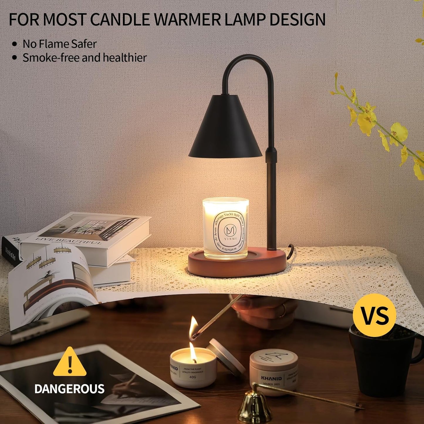 Black Candle Warmer Lamp with Timer and Dimmer,Mother's Day/Birthday/Christmas Gifts for Mom/Wife,Electric Wax Melt Warmer,Home Decor,Scented Jar Lamp,Adjustable Height,with 2 Bulbs