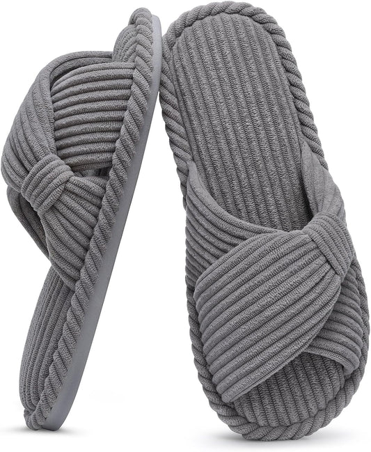 Evshine Summer House Slippers for Women Corduroy Cross Bow Indoor Slippers Open Toe Slip On Bedroom Shoes with Memory Foam