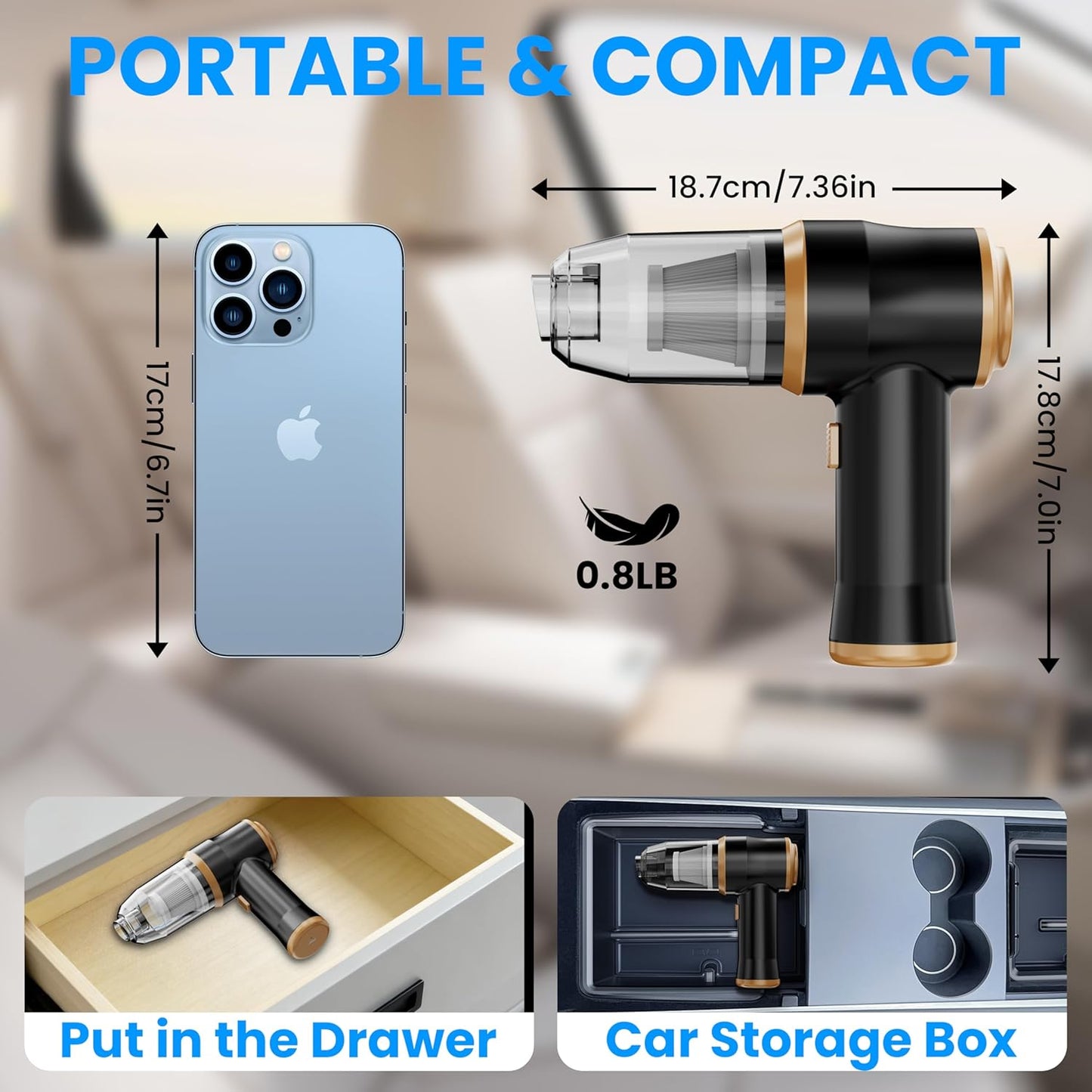 Mini Car Vacuum 15000Pa Portable Cordless Handheld Vacuum Cleaner and Air Duster with 2 Filter for Car, Sofa, Office, Pet, Home