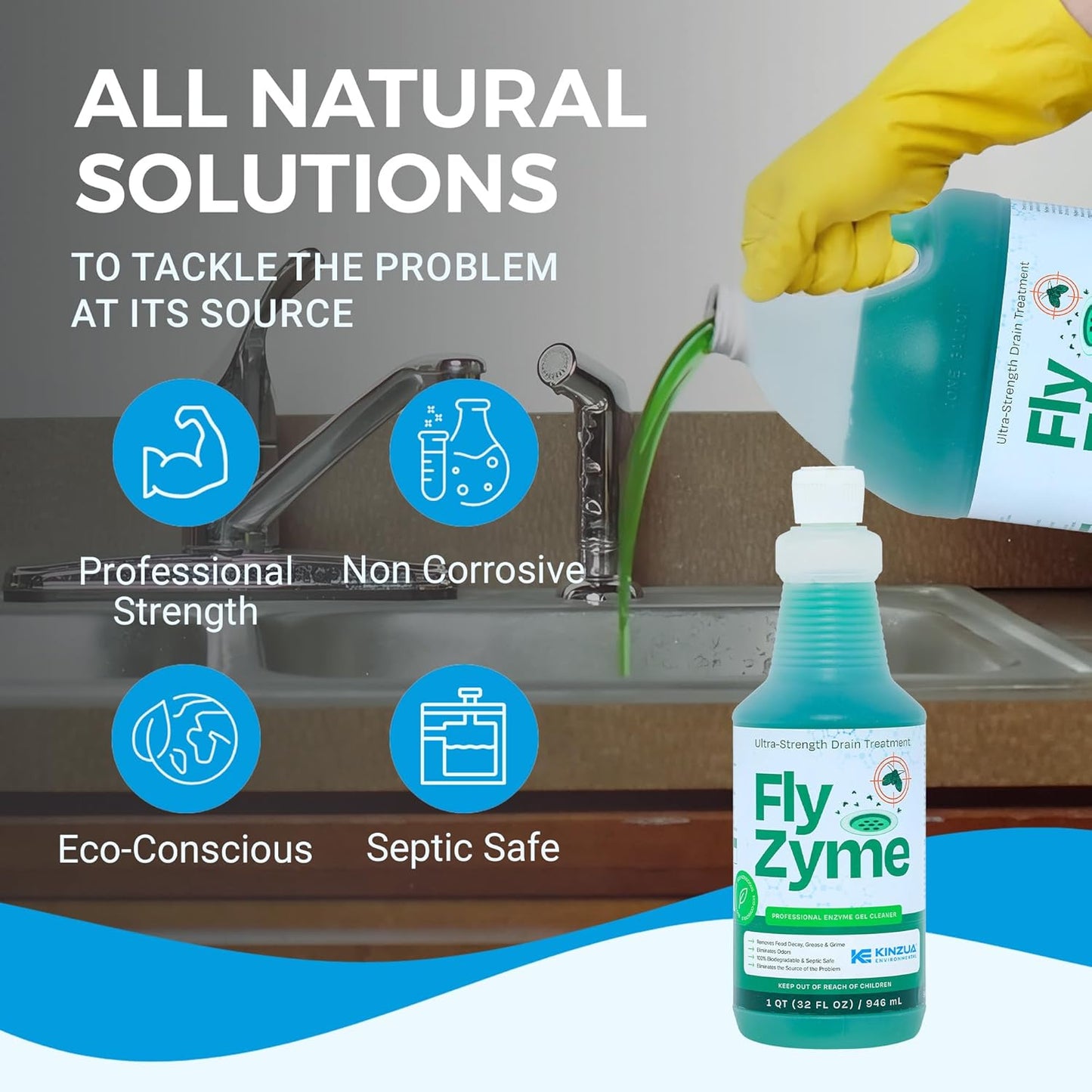 Kinzua Environmental Fly-Zyme, Highly Concentrated Enzyme Drain Cleaner for Pipes, Drain Gel for Fruit Flies, Organic Waste Degrader & Odor Neutralizer, 32 fl oz, Pack of 2