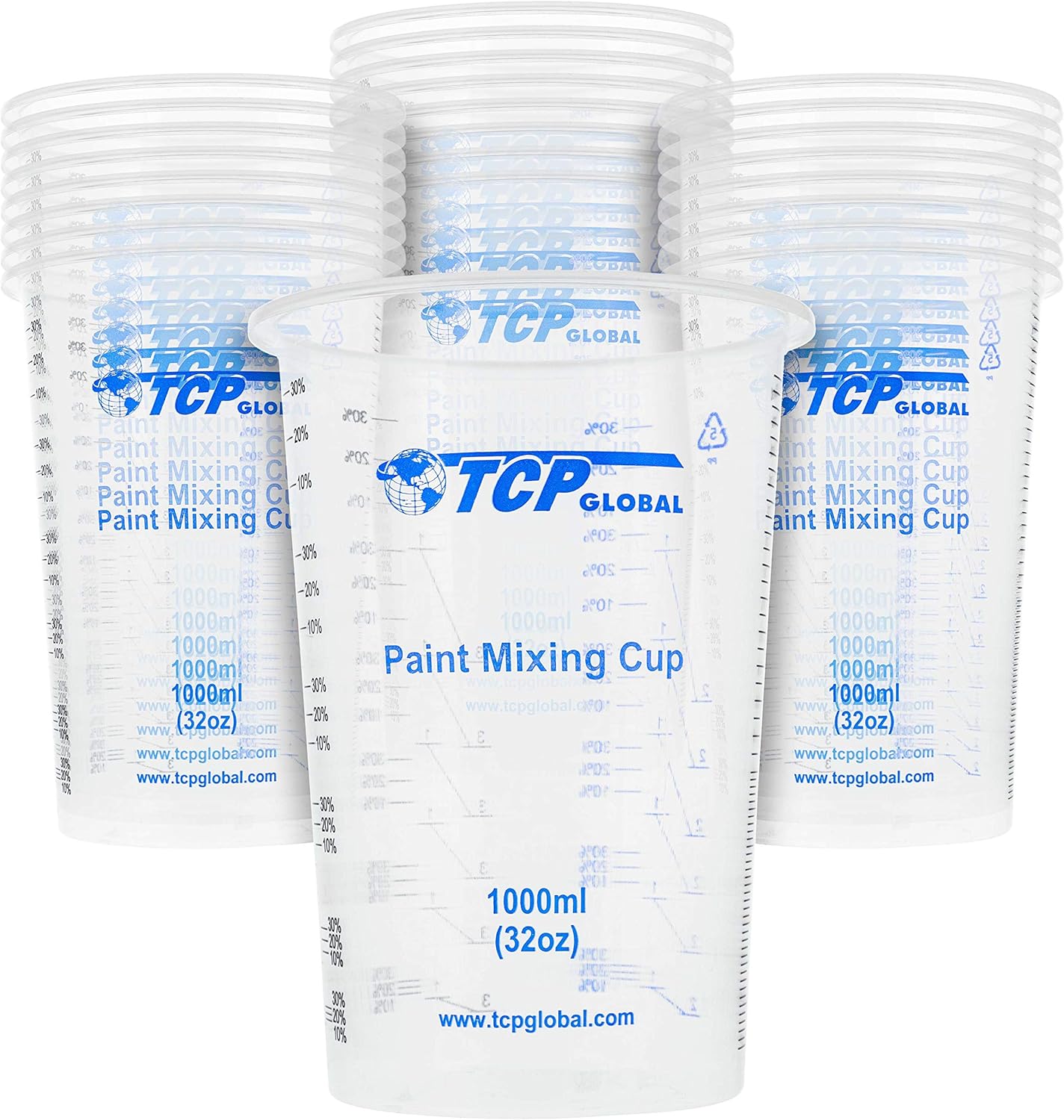 TCP Global 32 oz. (1000ml) Graduated Plastic Mixing Cups (Box of 25) - Disposable Plastic Measuring Cups for Liquids, Paints, Resin, Epoxy, Art, Kitchen - Ratios 2-1, 3-1, 4-1 ML
