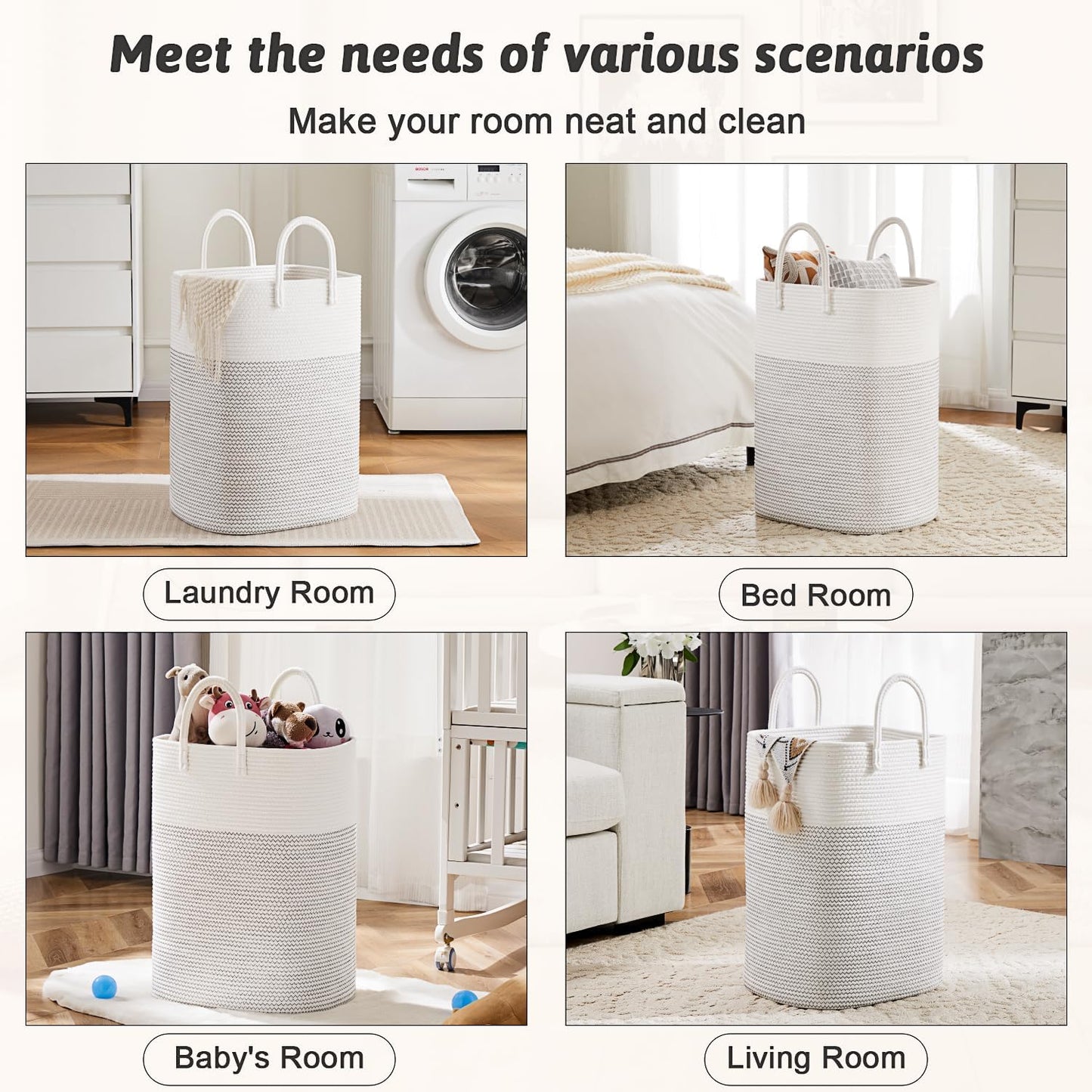 Laundry Basket,Woven Cotton Rope Laundry Hamper,Versatile Storage for Dirty Clothes,Baby Toys,and Blankets in Bathroom, Nursery,and Living Room (White, 80L)