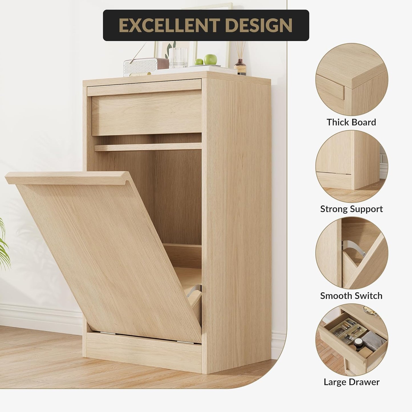 Tilt Out Trash Cabinet, Natural Wood Hidden Garbage Can Cabinet for 10 Gallon Bins, Modern Pet-Proof Trash Cabinets for Kitchen, Dining, Living Room Storage