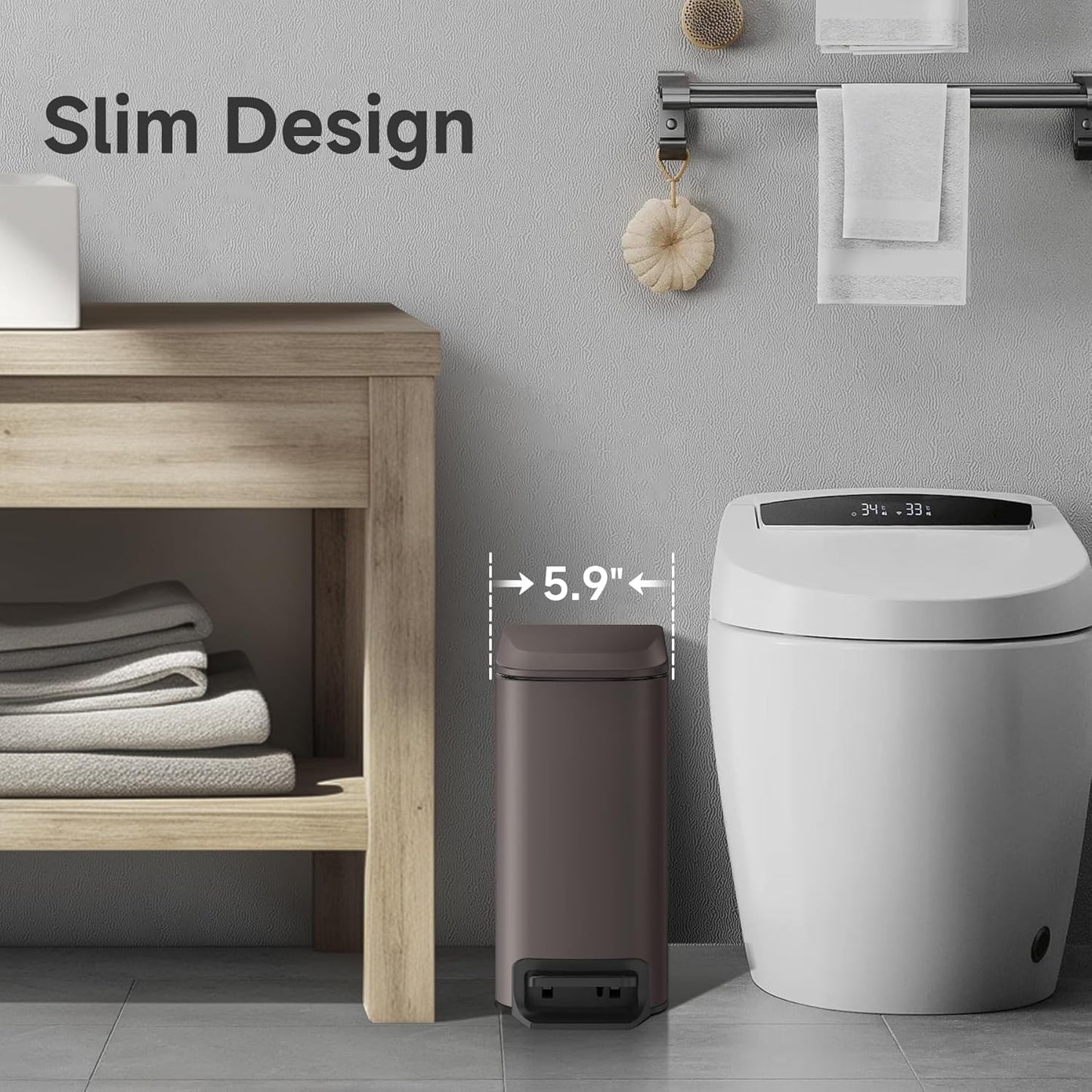TIPGO Slim Bathroom Trash Can with Lid Soft Close, Step Pedal, 6 Liter / 1.6 Gallon Stainless Steel Trash Bin, Small Garbage Cans for Bedroom, Office, Kitchen (Brown)