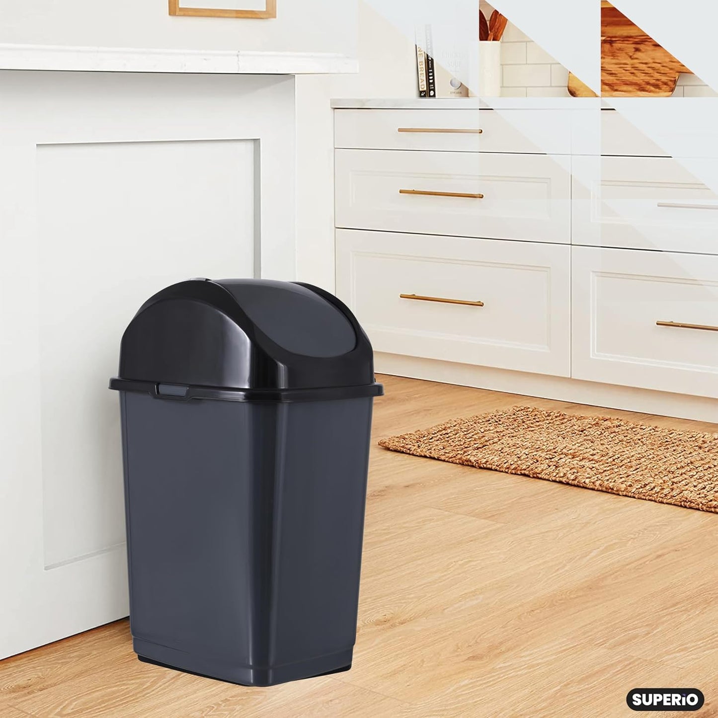 Superio Kitchen Trash Can with Swing Top Lid 9 Gallon Slim Waste Bin 37 Qt Sturdy Plastic Garbage Can Medium Recycling Bin for Office, Bathroom, Under Counter, Dorm, Bedroom (Dark Grey)