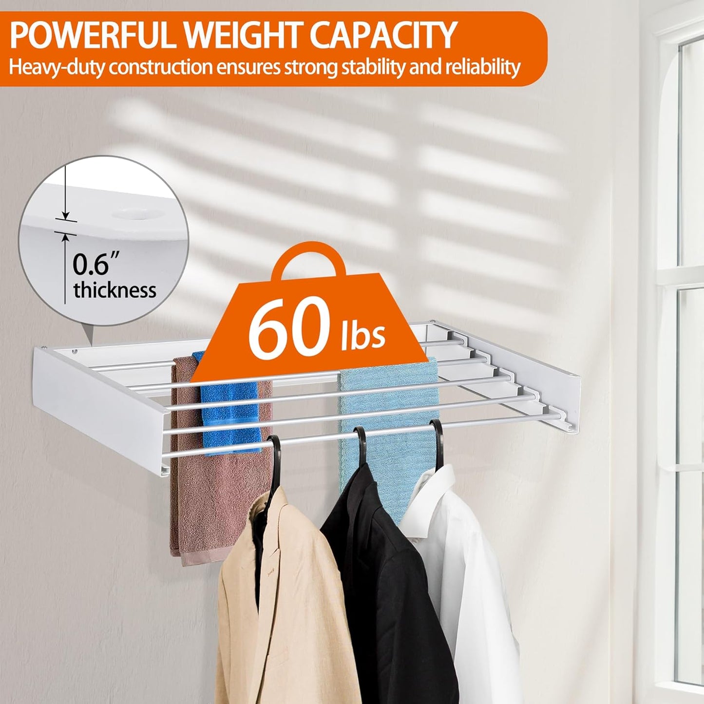 FOCHIER F Laundry Drying Rack Wall Mounted Clothes Drying Rack Collapsible with 5 Aluminum Rods and Drilling Template Long Screwdriver Bit 60 lbs Capacity (White, 31.5")