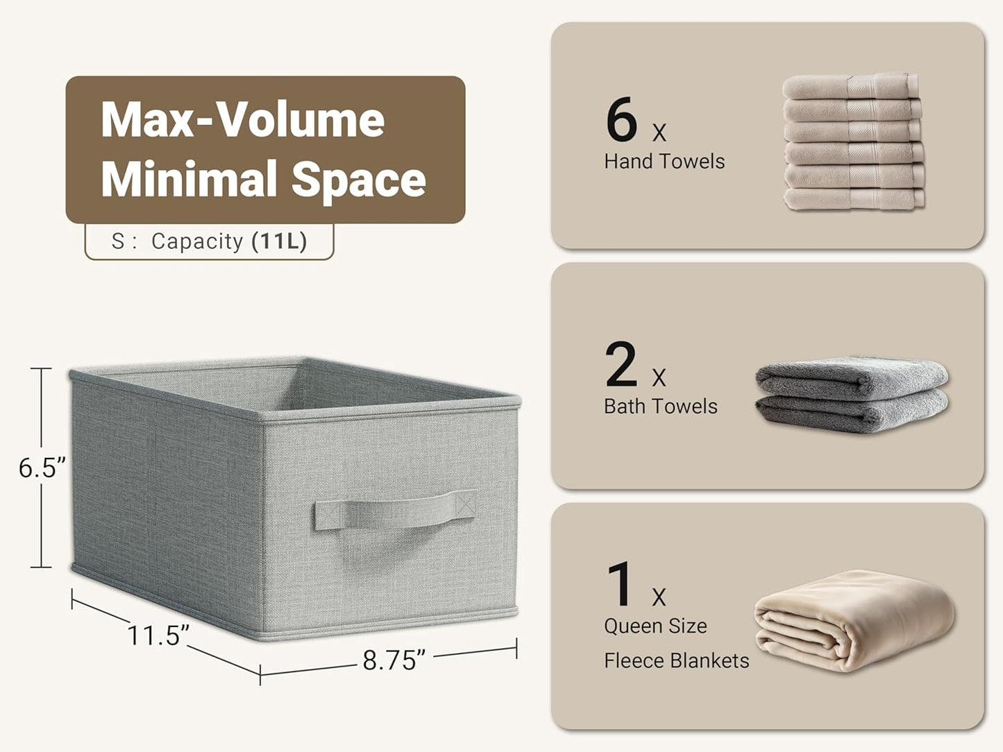 3 Pack Fabric Storage Bins for Shelves | 11.5x8.75x6.5in Closet Storage Baskets | Collapsible Storage Bins | Fabric Closet Organizers with Handles | Light Gray