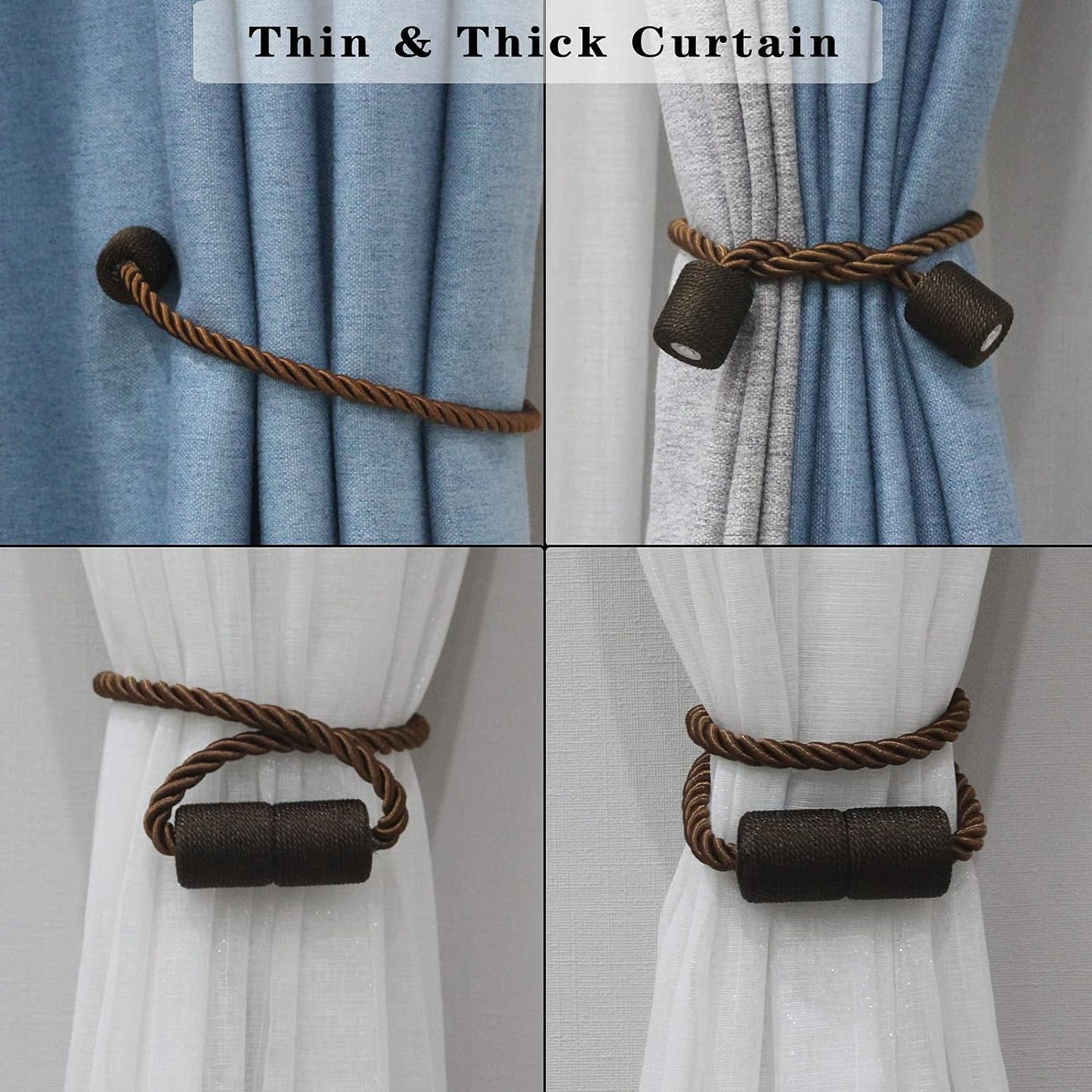 4 Pack Strong Magnetic Curtain Tiebacks Outdoor Elegant Decorative Tie Backs Modern Rope Tiebacks for Drapes Window Curtain Holdbacks for Draperies- Coffee