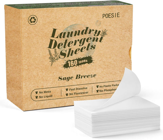 Poesie Laundry Detergent Sheet Sage Breeze Scent 160 Count Washer Sheets Detergent for Travel RV Trip Camping Home Dorm
