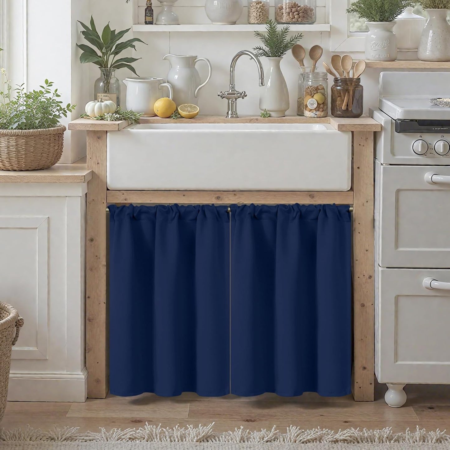 BGment Small Blackout Curtains 36 Inch Length for Window Over Sink - Half Drapes with Rod Pocket Privacy for Cafe Kitchen Window, Navy Blue, 2 Panels, 29 x 36 Inch