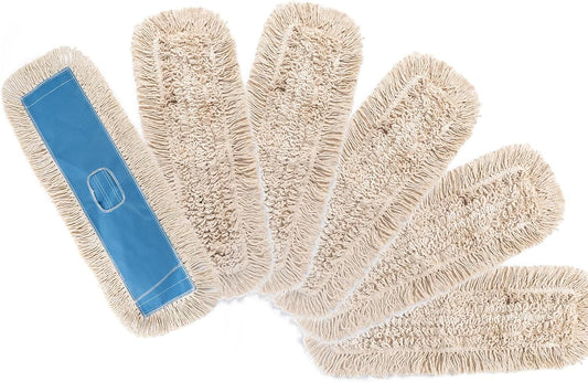 MATTHEW CLEANING 24'' Industrial Strength Cotton Dust Mop Refill Washable Replacement Heads For Residential & Commercial Use Fit Standard Dust Mop Frames, Hardwood,Concrete Floors Blue&White Pack of 6