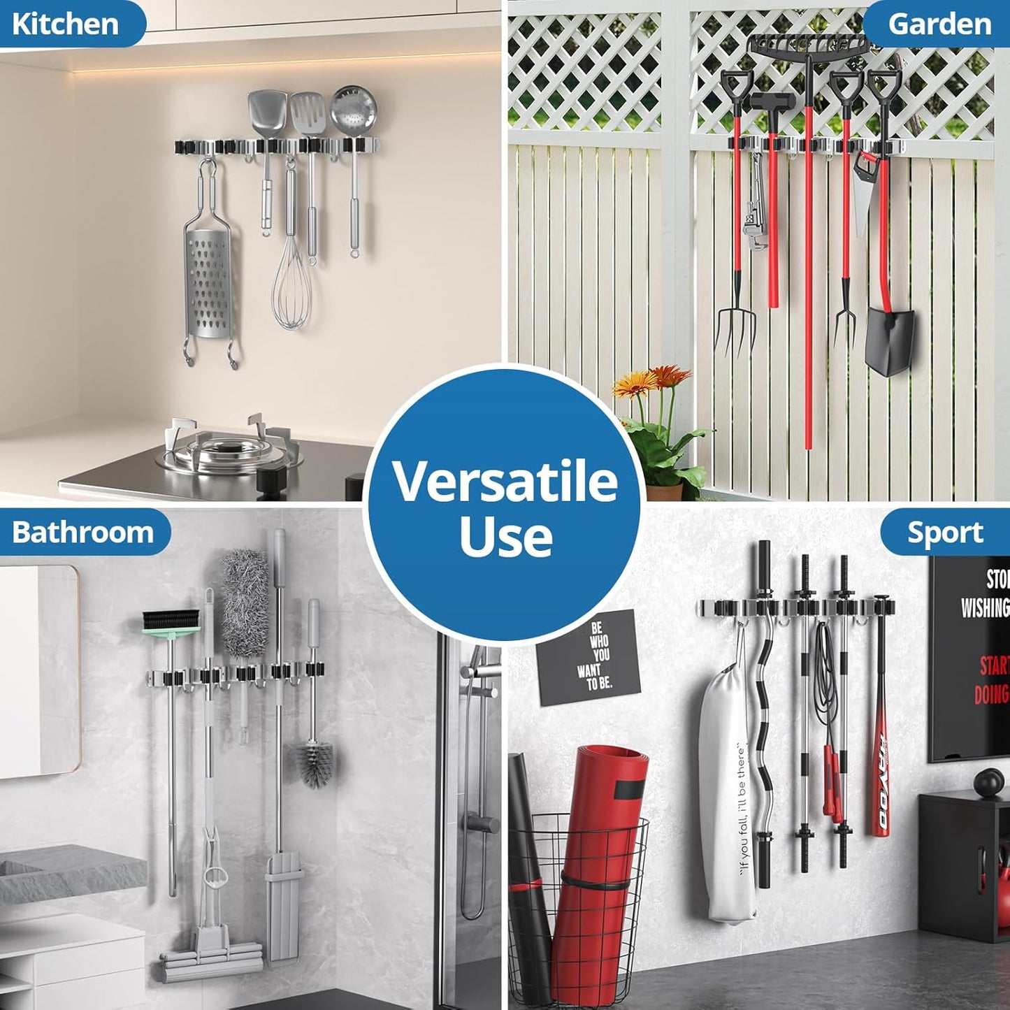 2 Pack Broom Holder Wall Mount Mop and Broom Hanger Broom Organizer Storage Tool Racks Stainless Steel Heavy Duty for Kitchen Garden Laundry Garage (5 Racks with 4 Hooks)