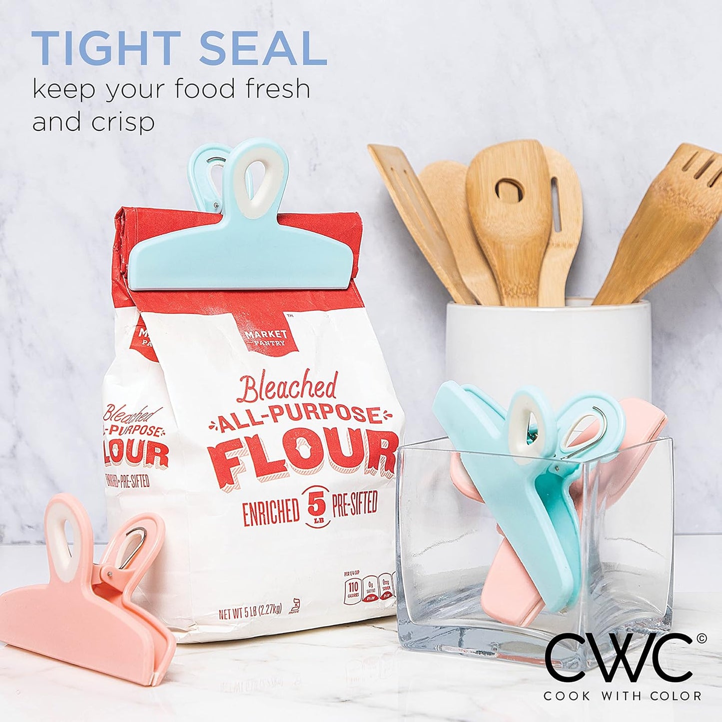 COOK WITH COLOR Bag Clips - Heavy Duty Chip Clip and Refrigerator Magnet Clips for Food Storage with Air Tight Seal Grip, Bright Colors, Pack of 4 Large Clips