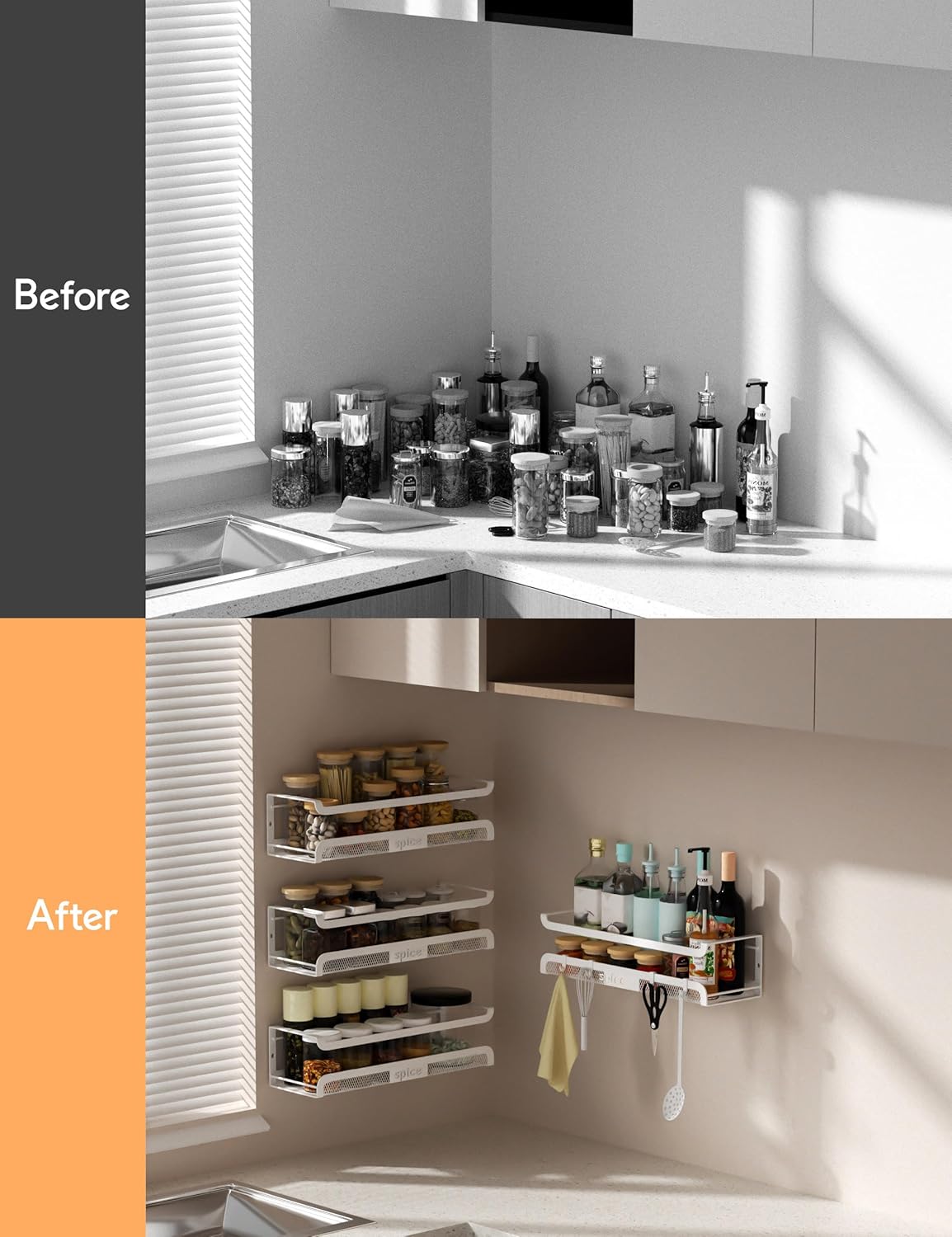 Spice Rack Wall Mount with Hooks - Spice Racks Organizer for Cabinet Storage, Wall Mounted Hanging Shelf Seasoning Organizer, for Kitchen, Pantry Door, Bathroom (White, 4 Pack)