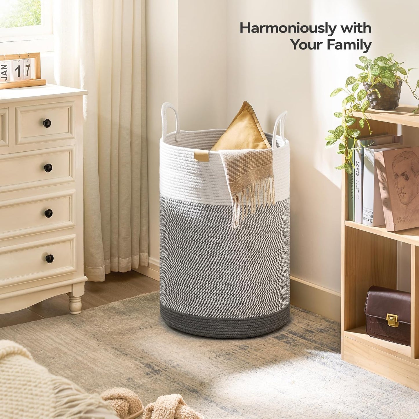 Laundry Hamper 75L,Large Laundry Basket for Clothes,Decorative Storage Basket for Blankets,Cotton Rope Woven basket for bedroom,Grey White