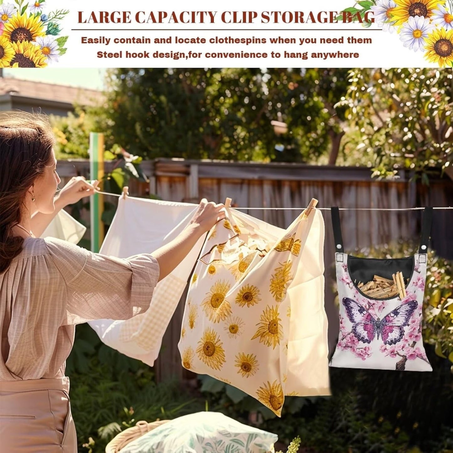 Clothes Pin Hanging Bag, Butterfly Clothes Pins Bag Holder Outdoor 4.Stylish Clothespin Bag with Hanging Rope for Clothes Pin and Clothespin