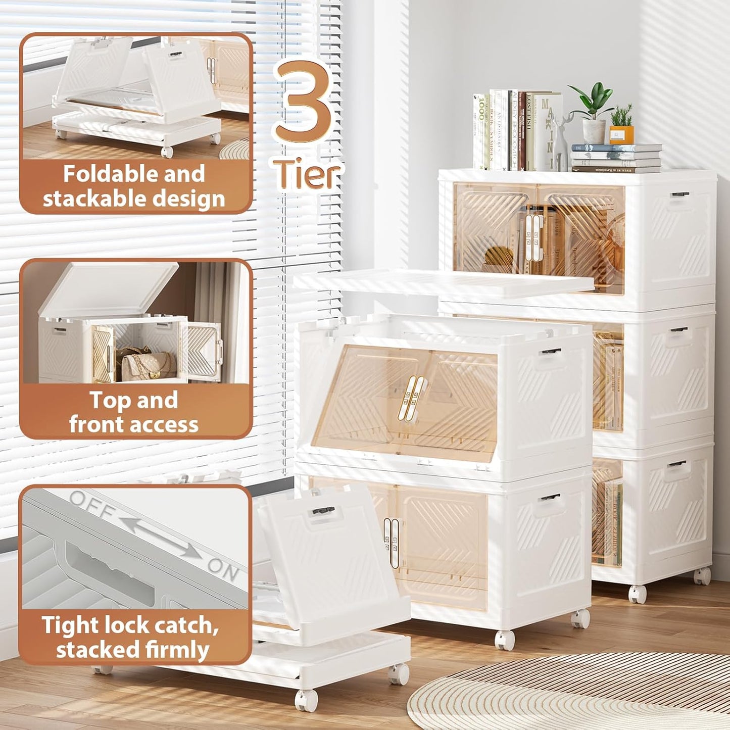 Storage Bins with Lid 76QT, Stackable Storage Containers with Wheels and Magnetic Doors, Plastic Clothes Closet Organizers and Storage Box for Pantry, Home and Office (3 Pack)