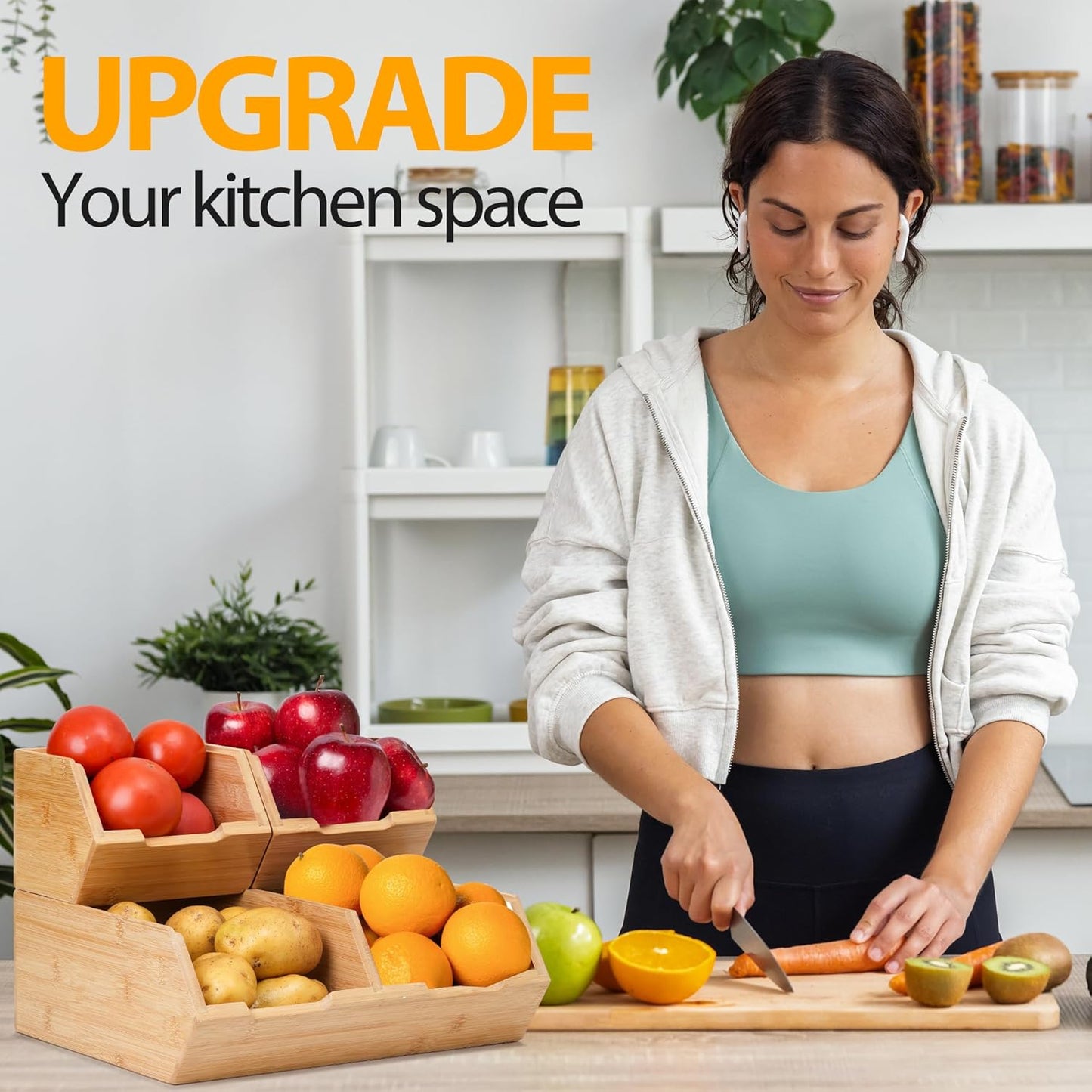 Pantry Storage Bins 3-Pack, Stackable Bamboo Containers for Potato & Onion Storage, Kitchen Organization & Decor