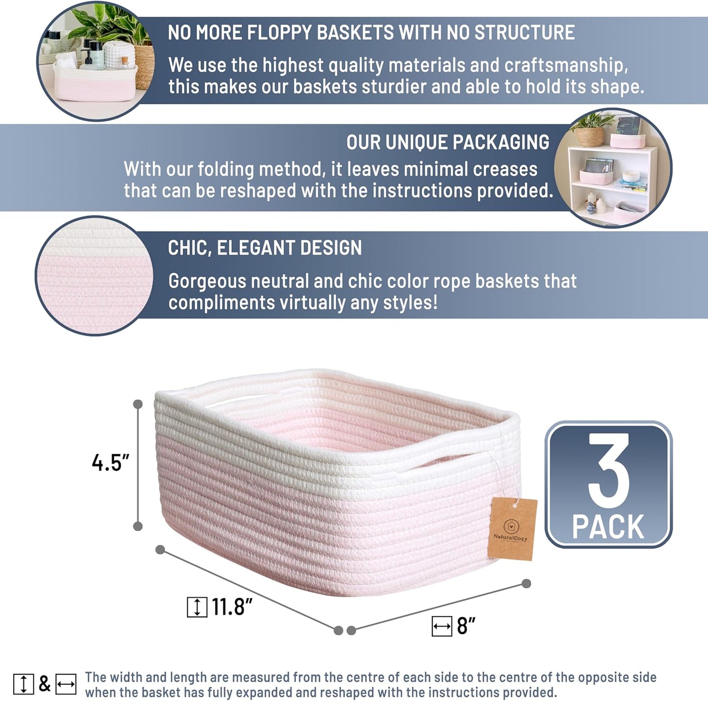 NaturalCozy 11.8"x8"x4.5” Rectangle Storage Baskets for Shelves 3 Pack | Cotton Rope Woven Small Baskets for Organizing | Small Storage Bins for Nursery, Bathroom, Closet, Shelf, Decorative, Gift