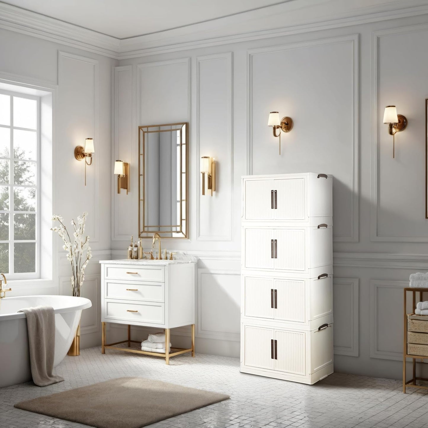 Stackable Storage Bins with Lid 55Gal/220QT Plastic Collapsible Storage Cabinet 5 Tiers Foldable clothes Organizers and Storage bins with Wheels and Doors for Home Office White