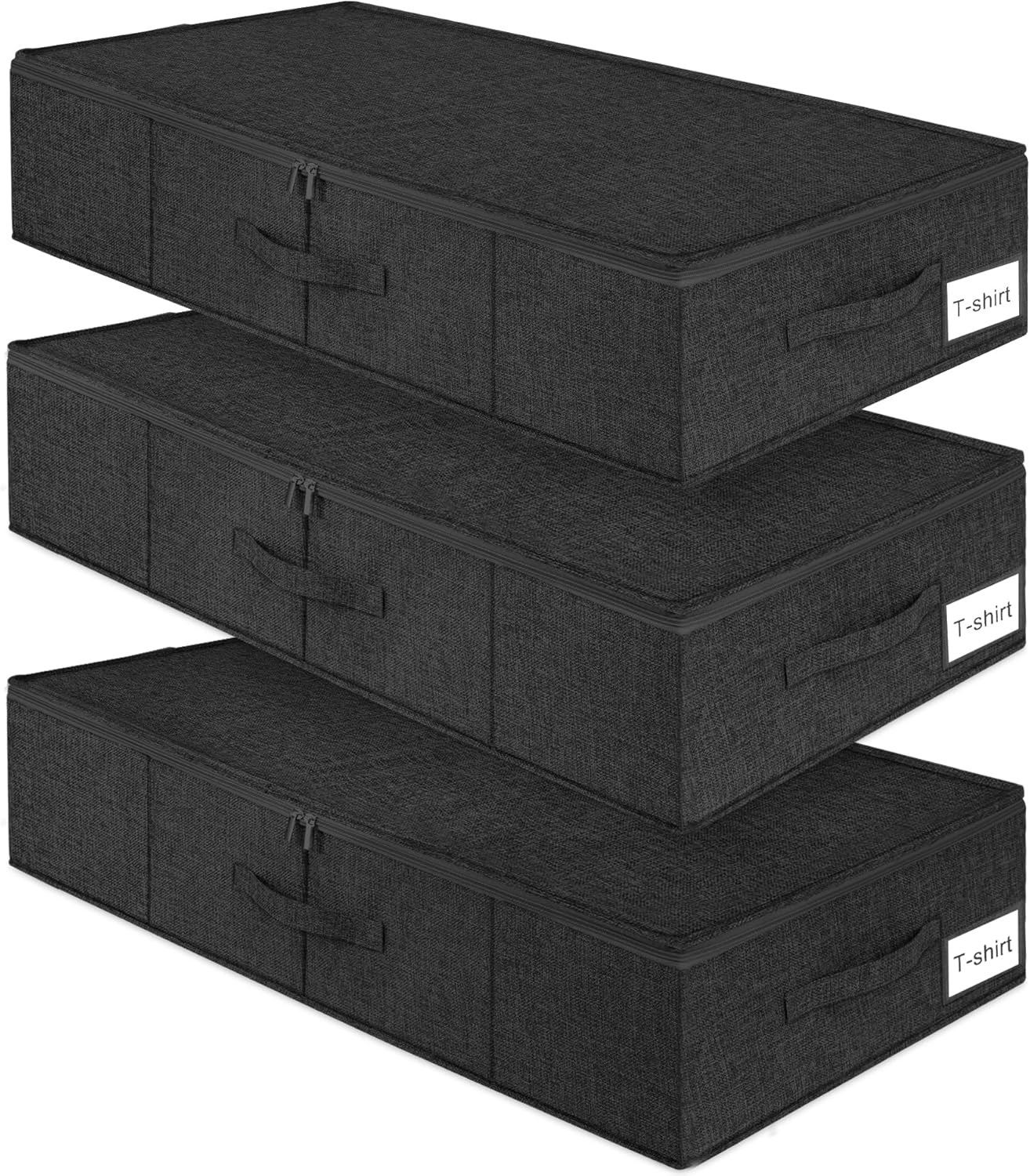 Under Bed Storage Container, 3 Pack Underbed Storage Bags With Lid, Foldable Sturdy Clothes Storage Organizer W/ 3 Handles, Ultra Thick Fabric Blanket Shoe Storage Box, 30x15x6.7inch, Black, 50L