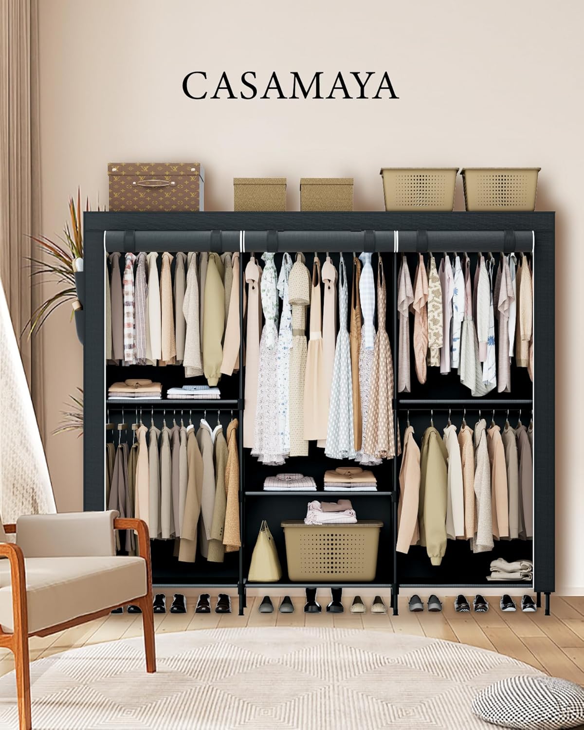 Clothes Rack, Portable Closet, 81.5 Inch Large Capacity Wardrobe Closet, Clothes Storage Organizer with Shelves and 5 Hanging Rods, Easy to Assembly, Grey PCT136G01